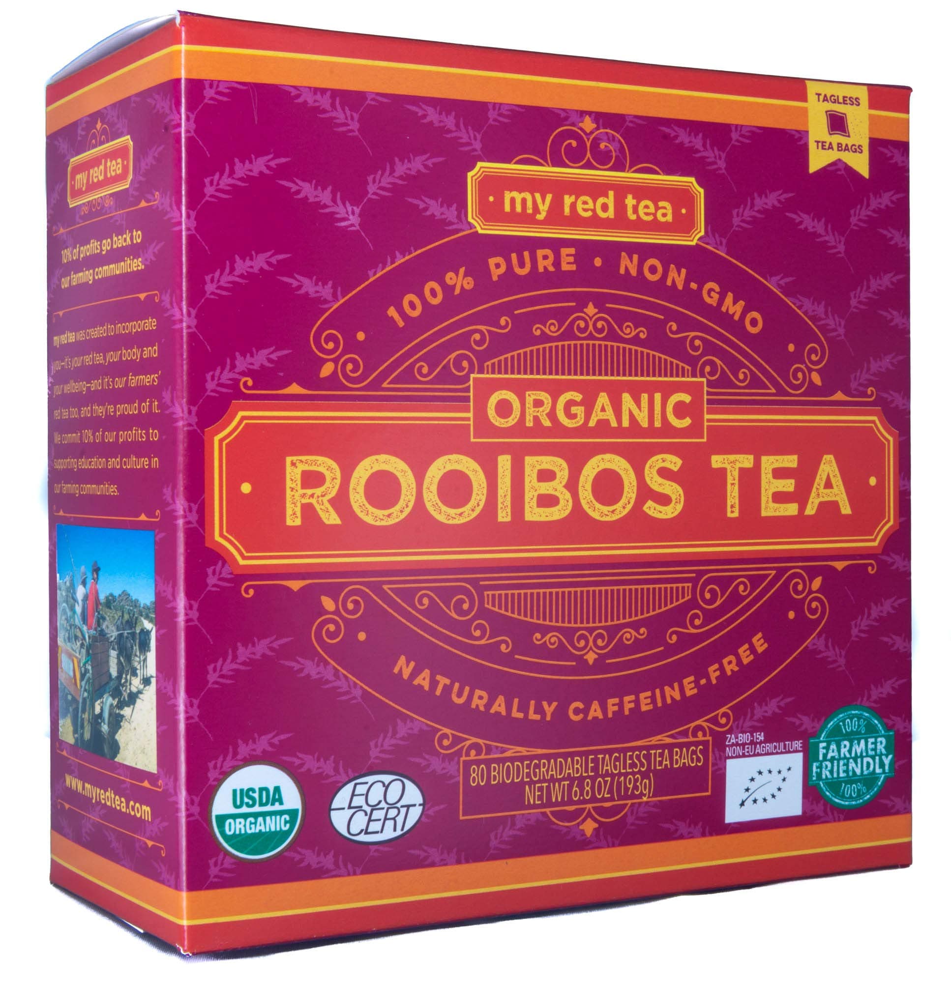 USDA Organic Rooibos Tea 80 Tagless Teabags Single-Origin Farmer-Friendly Caffeine-Free Sustainably Farmed in South Africa Pure & Natural