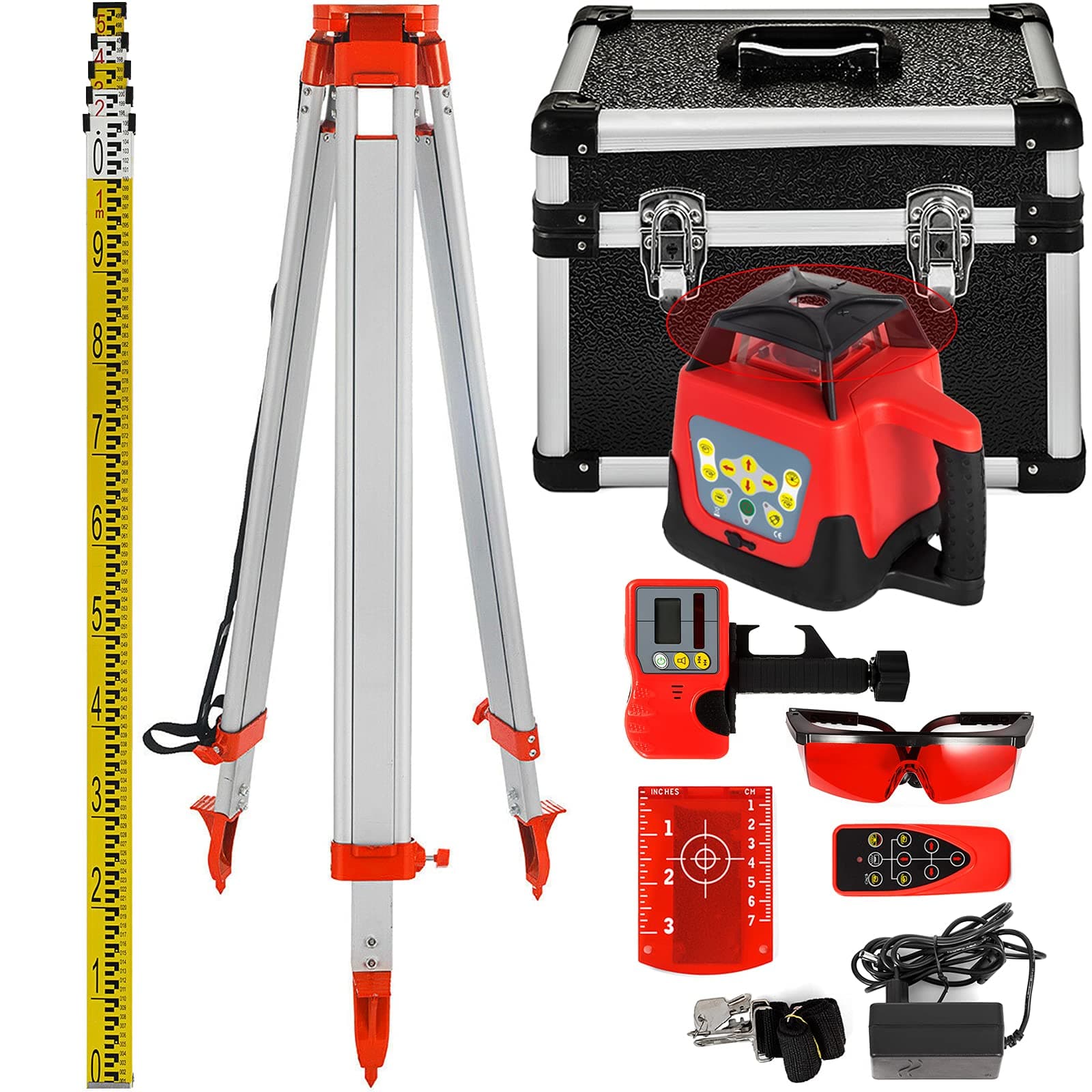 FORAVER Red Rotary Laser Level Self Leveling Measuring Automatic with Receiver Remote Control Carrying Case Tripod 5m Staff Cross Line(Red Laser Level+Tripod+Staff)