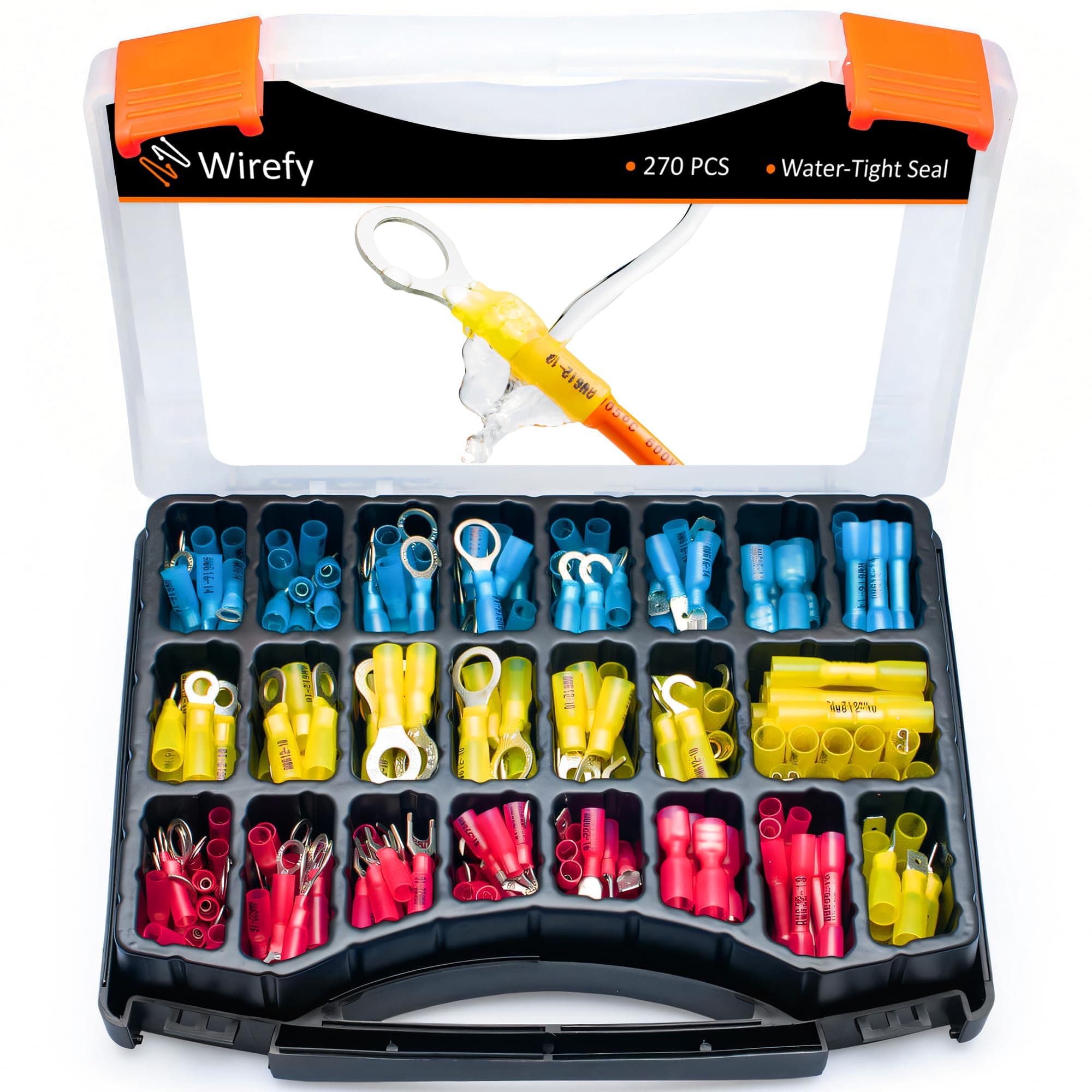 Wirefy Heat Shrink Wire Connectors Kit - Marine Grade Electrical Connectors - Automotive Butt Connectors - Insulated Ring, Spade, Fork, Hook Crimp Terminals - 22-10 Gauge - 270 PCS
