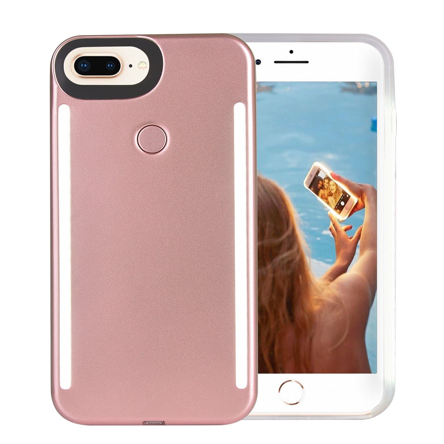 iPhone 8 Plus Case, iPhone 7 Plus Case, iPhone 6/6s Plus Case, LED Illuminated Selfie Light Up [Rechargeable] Luminous Flashlight Cellphone Case Cover for iPhone 8/7 / 6/6s Plus -Rose Gold