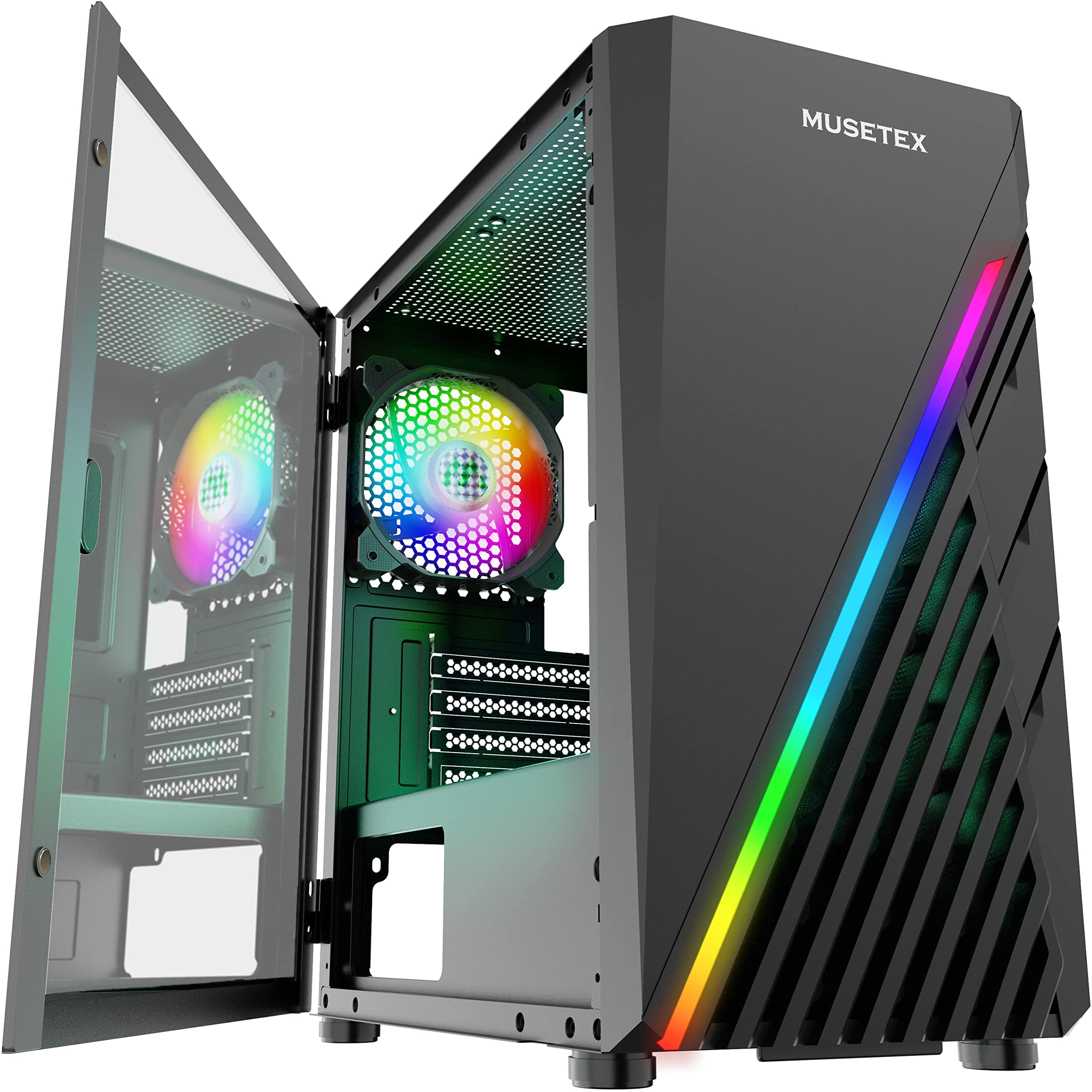 MUSETEX MATX (Micro ATX) Case, Light Strip LED Computer Case with ARGB Fan, PC Gaming Case Mid Tower Case, Tempered Glass Micro ATX Case for Micro-ATX/Mini ITX, Black