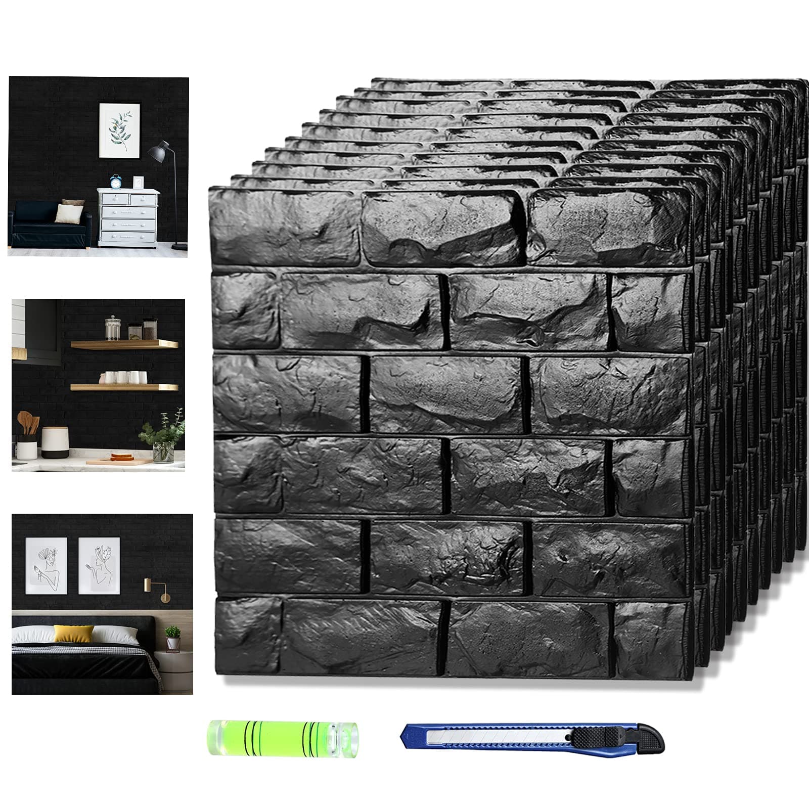 3D Wall Panels Stick and Peel Off Black Brick Printable 3D Wallpaper Self Adhesive Waterproof Foam Faux Brick Cladding for Bedroom Fireplace (30, Black)