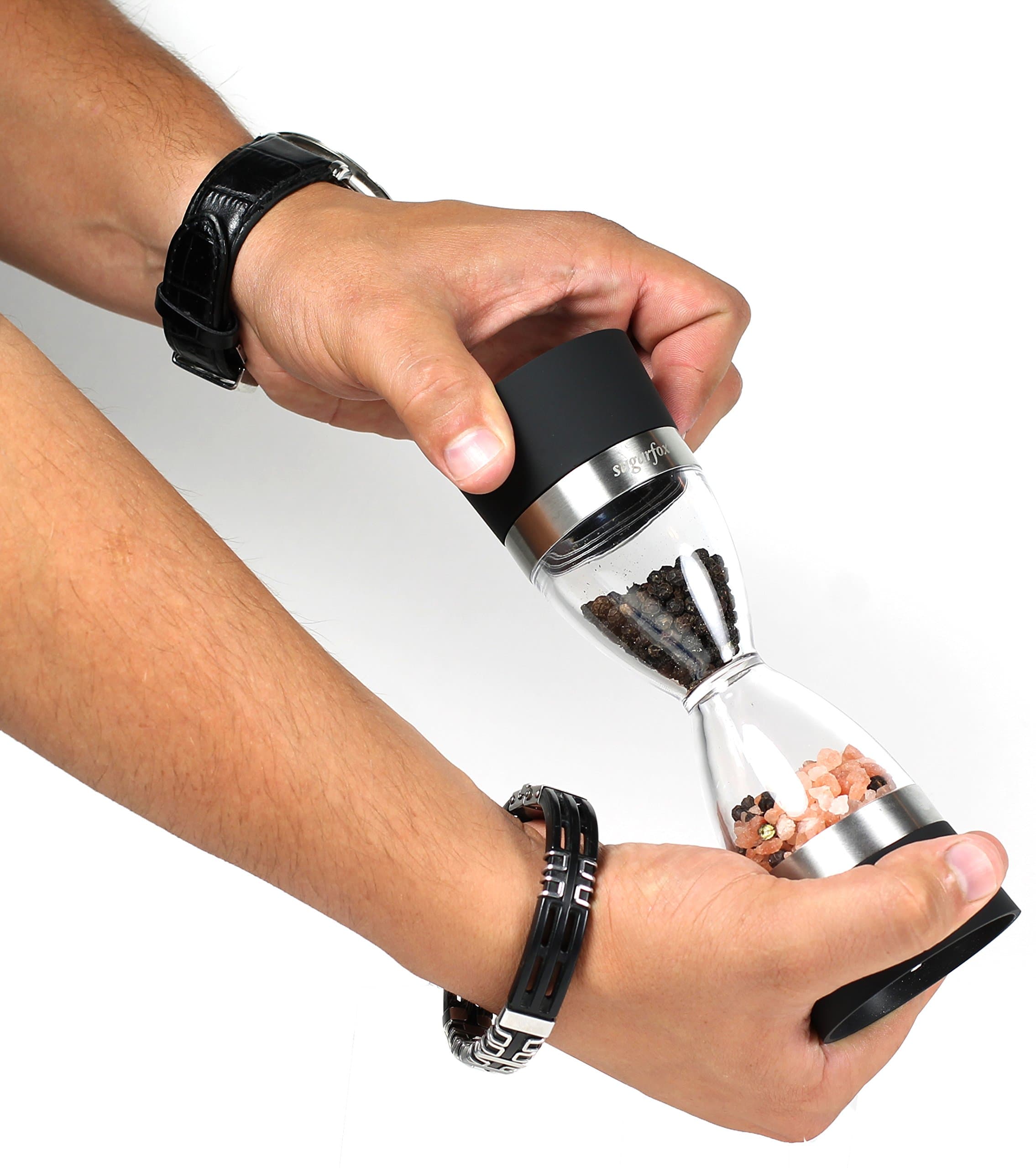 SugarFox Salt and Pepper Grinders - Ceramic Hourglass Design Grind Mill - Black / Stainless Steel