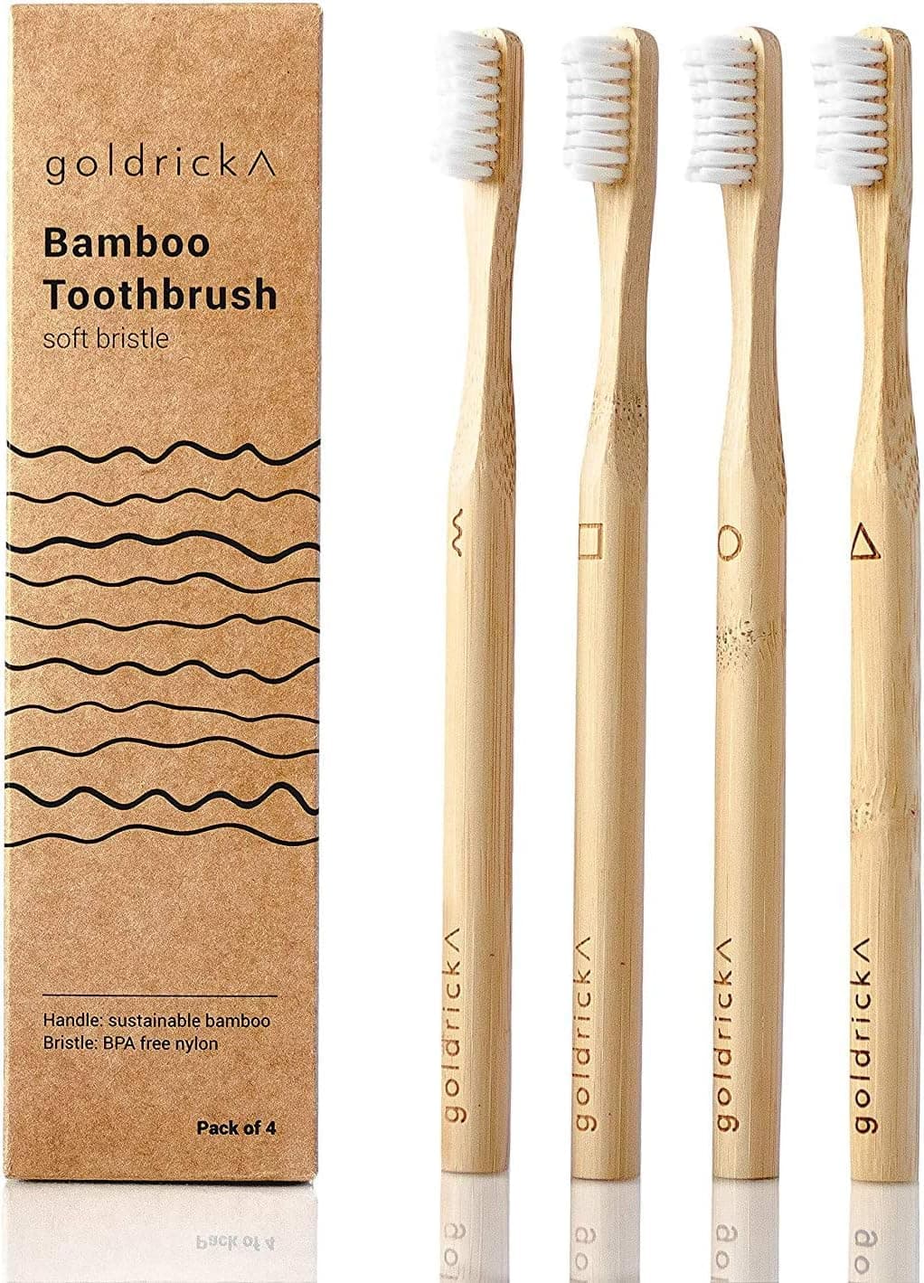 Goldrick Organic Bamboo Toothbrush | 4 Pack | Soft Bristles | Vegan-Friendly | Family 4 Pack | Recommended by Dentists
