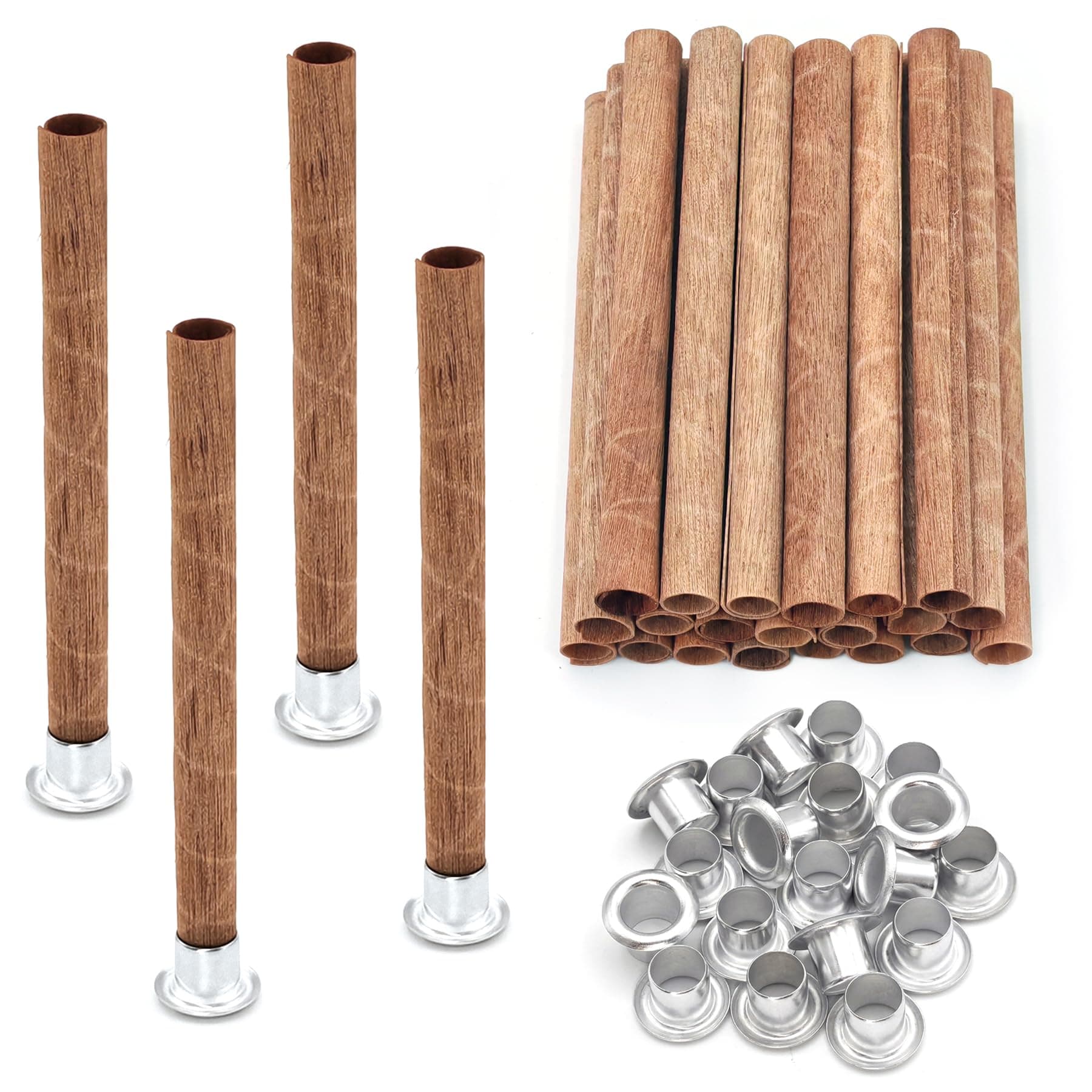 20 Set Wood Spiral Candle Wicks 4x0.32inch / 100x8mm, Wood Wick Tube with Iron Stands for Candle Making, Natural Round Wooden Wick Core Handmade Candles Supplies