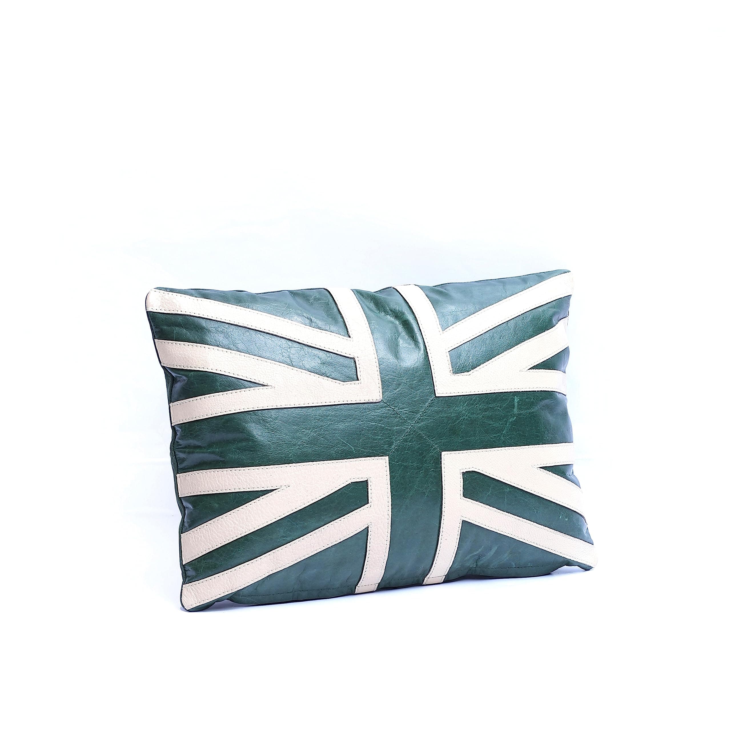 Hide&Stone™ Genuine Full Grain Leather Union Jack Cushion Cover in British Racing Green Colour (16" x 12")