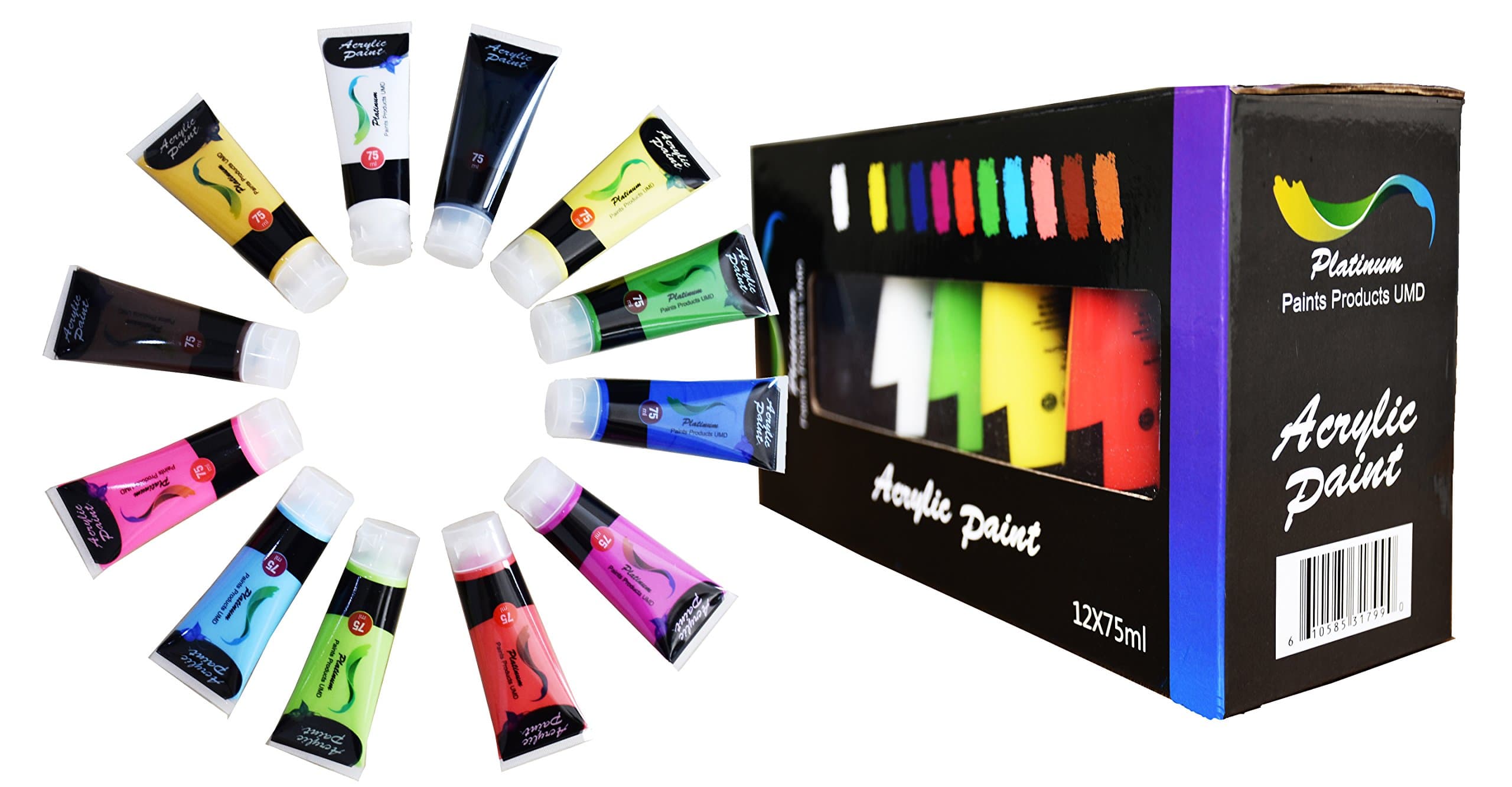 Platinum Jumbo Acrylic Paint Studio 12 Extra Large, 75 ml Tubes Best Selling Colors Perfect For Painting Canvas, Wood, Clay, Fabric, Nail Art And Ceramic For Beginners, Students Professional Artist