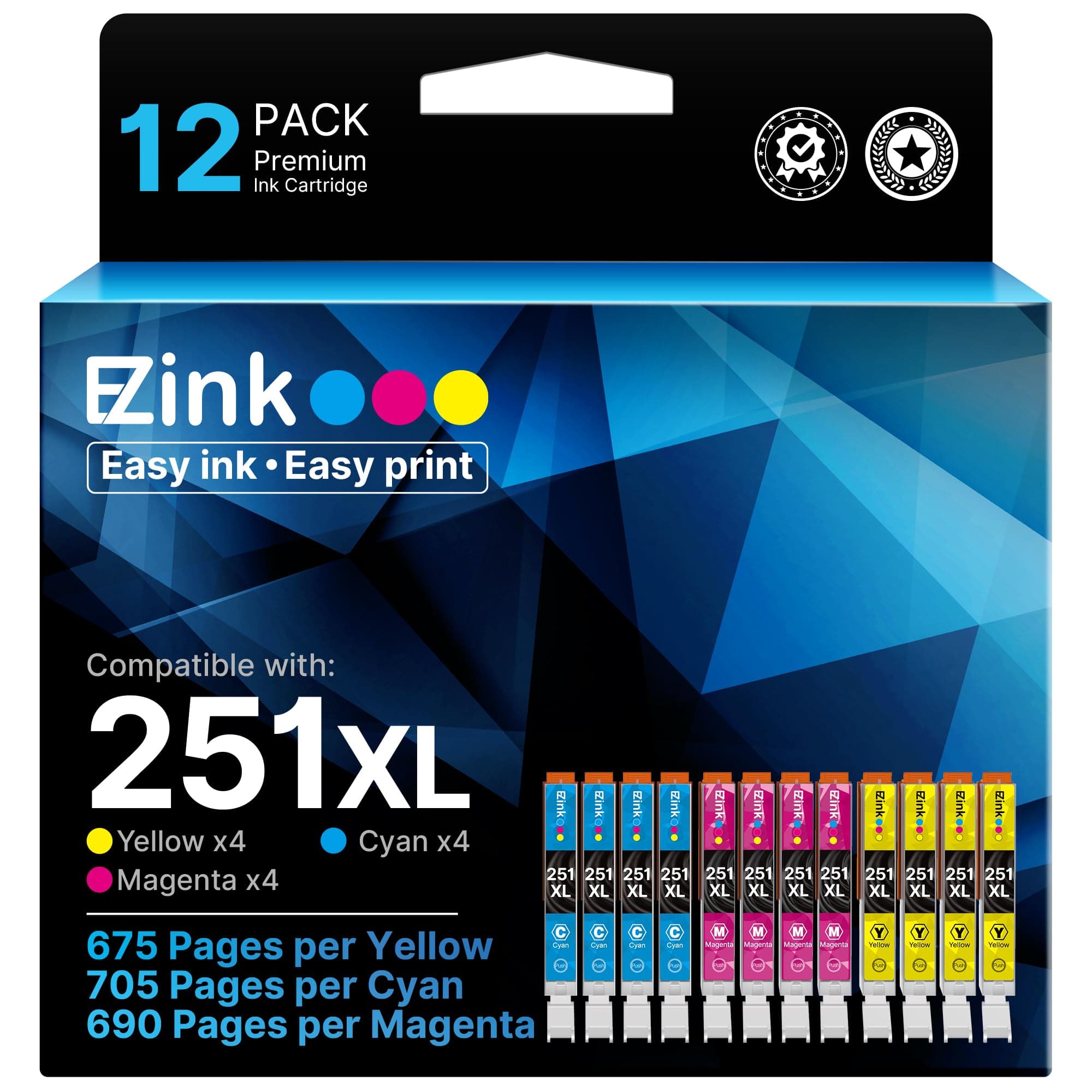 Compatible Ink Cartridge Replacement for Canon CLI-251XL CLI 251 to use with PIXMA MX922 MX920 IP8720 IX6820 IP7220 MG5520 MG5420 MG7520 MG6320 Printer (4 Cyan, 4 Magenta, 4 Yellow, 12 Pack)