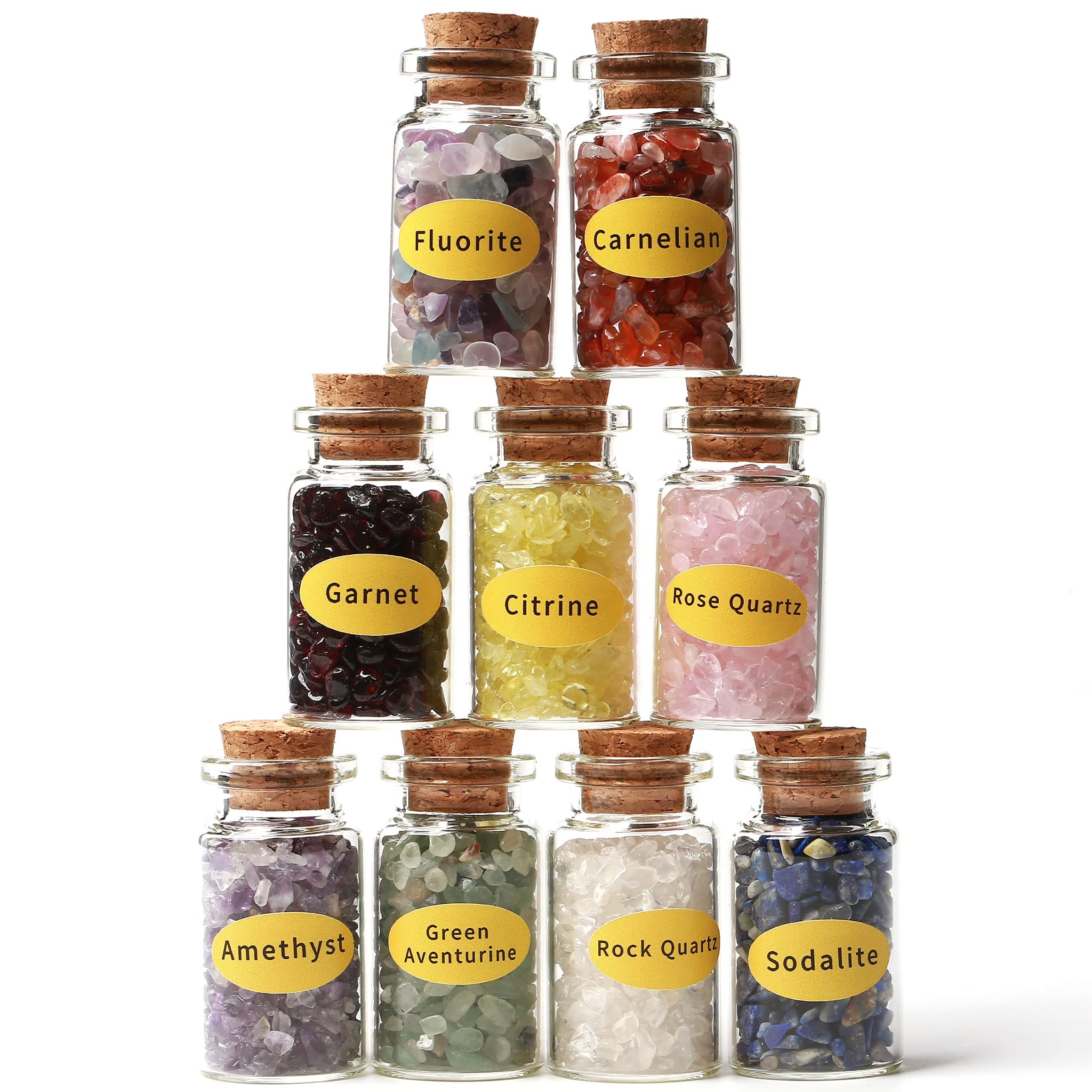 A Set of 9 Different Crystal Gemstone Chips in Glass Bottles - Chakra Healing Tumbled Gem Reiki Wiccan Stones Set
