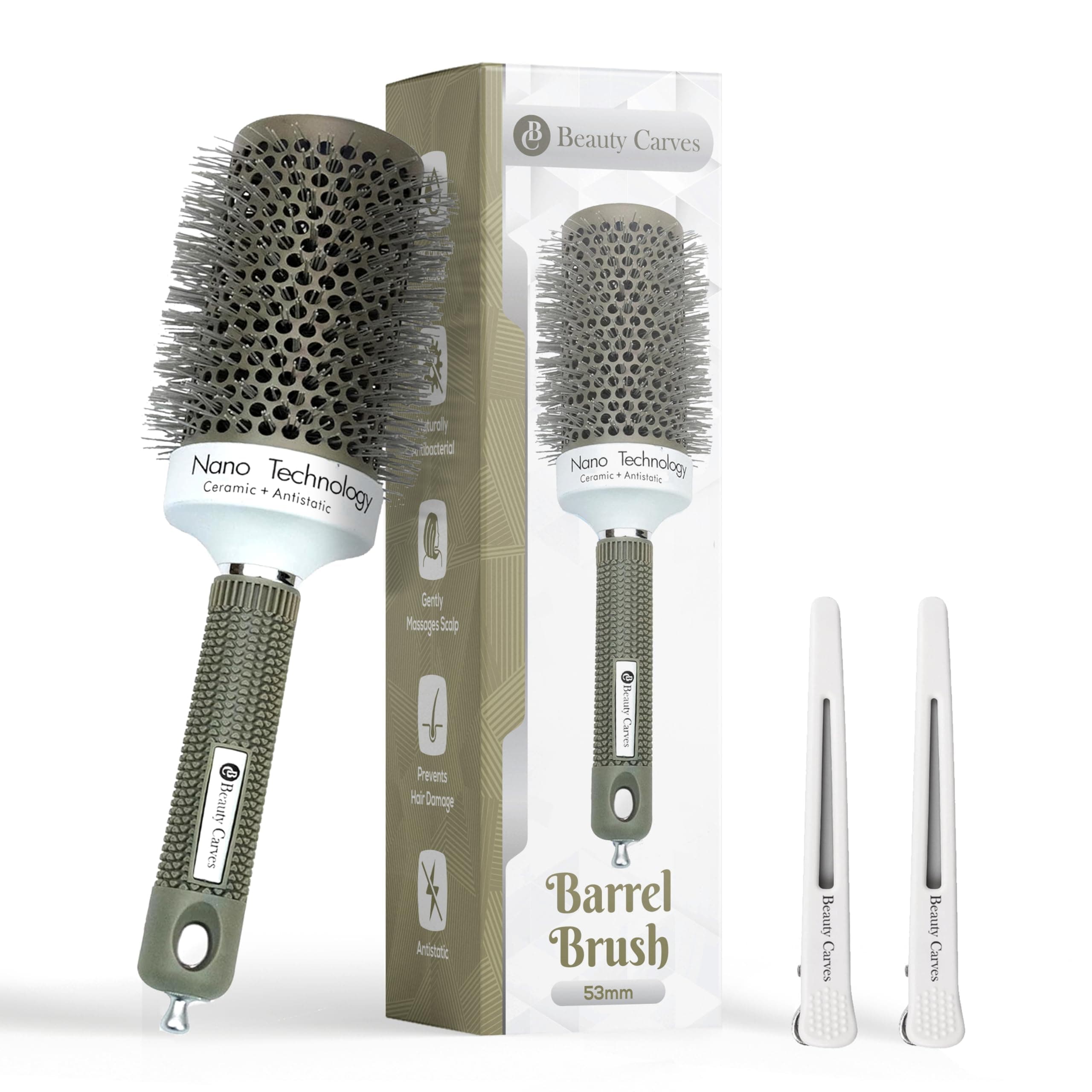 Round Brush, 53 mm Barrel with 2 Clips – Round Brush for Blow out with Flexible Nylon 66 Bristles Nano Ionic Heat Resistant Tech for Professional Curling, Styling & Shining Texture