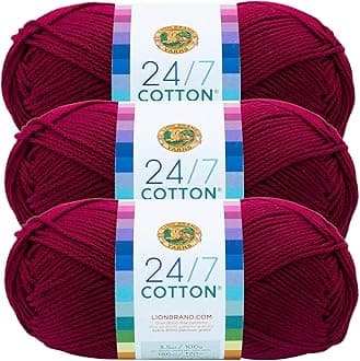 Lion Brand 24/7 Cotton Yarn, Lightweight Yarn for Knitting, Crocheting, and Crafts, Magenta, 3 Pack