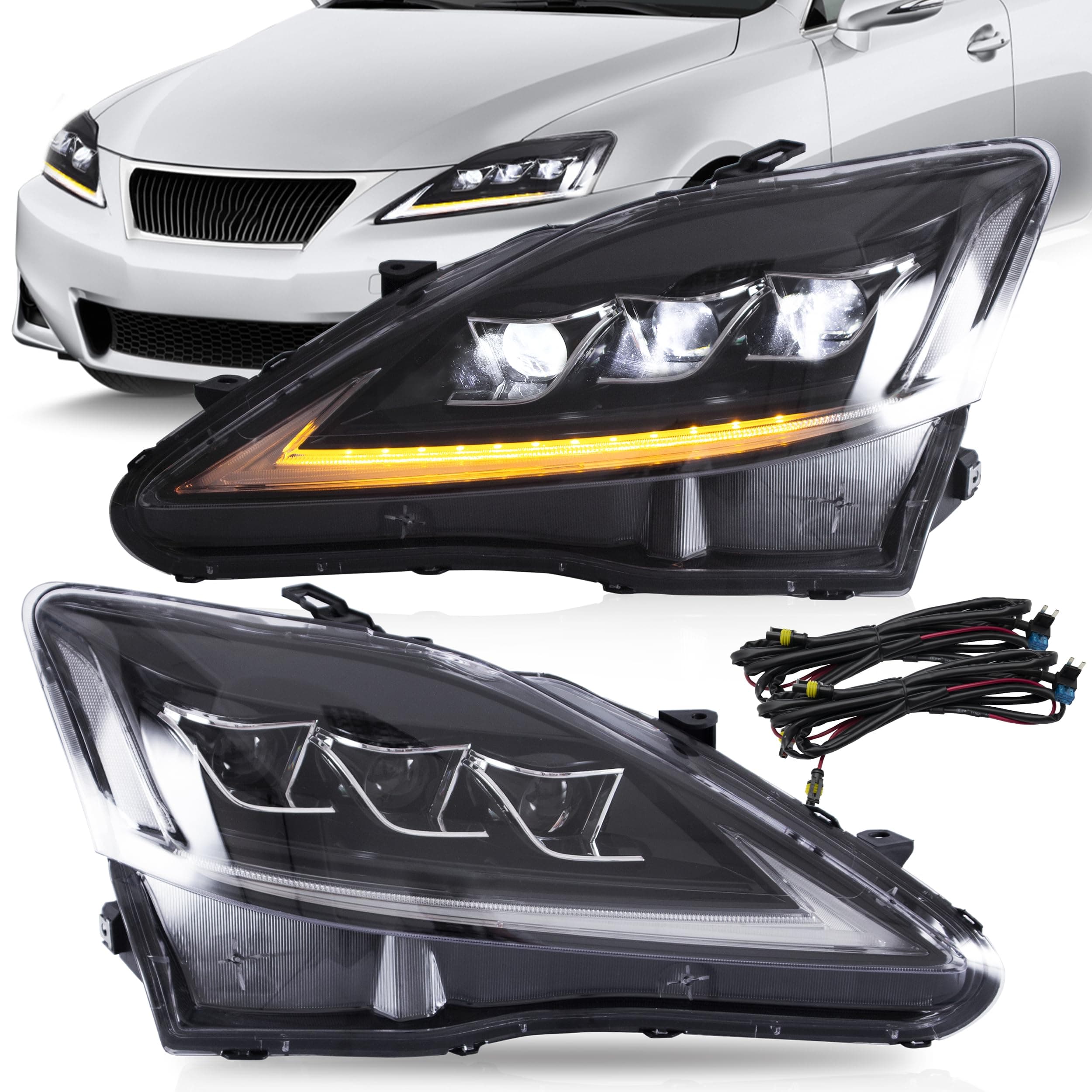 VLAND Headlights Assembly Fit for Lexus IS250/ IS250C IS350 IS350C IS220d 2006-2012, ISF 2008-2014 W/DRL, LED Front light with Sequential Turn Signal, Plug-n-Play Clear Headlamp