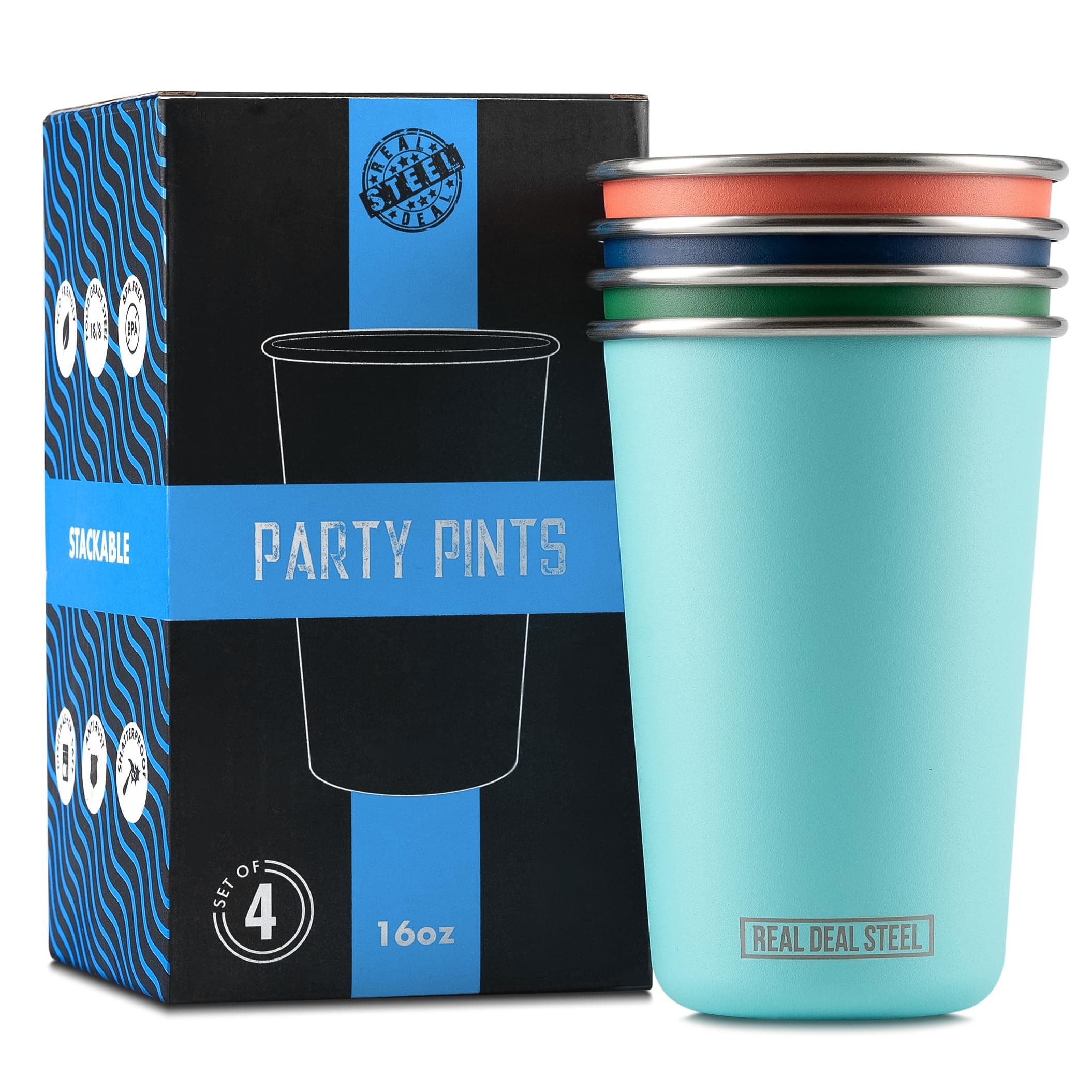 Real Deal Steel Party Pints: 16 oz Pint Cups, Stackable Tumblers, Eco Friendly Premium Metal Drinking Glasses