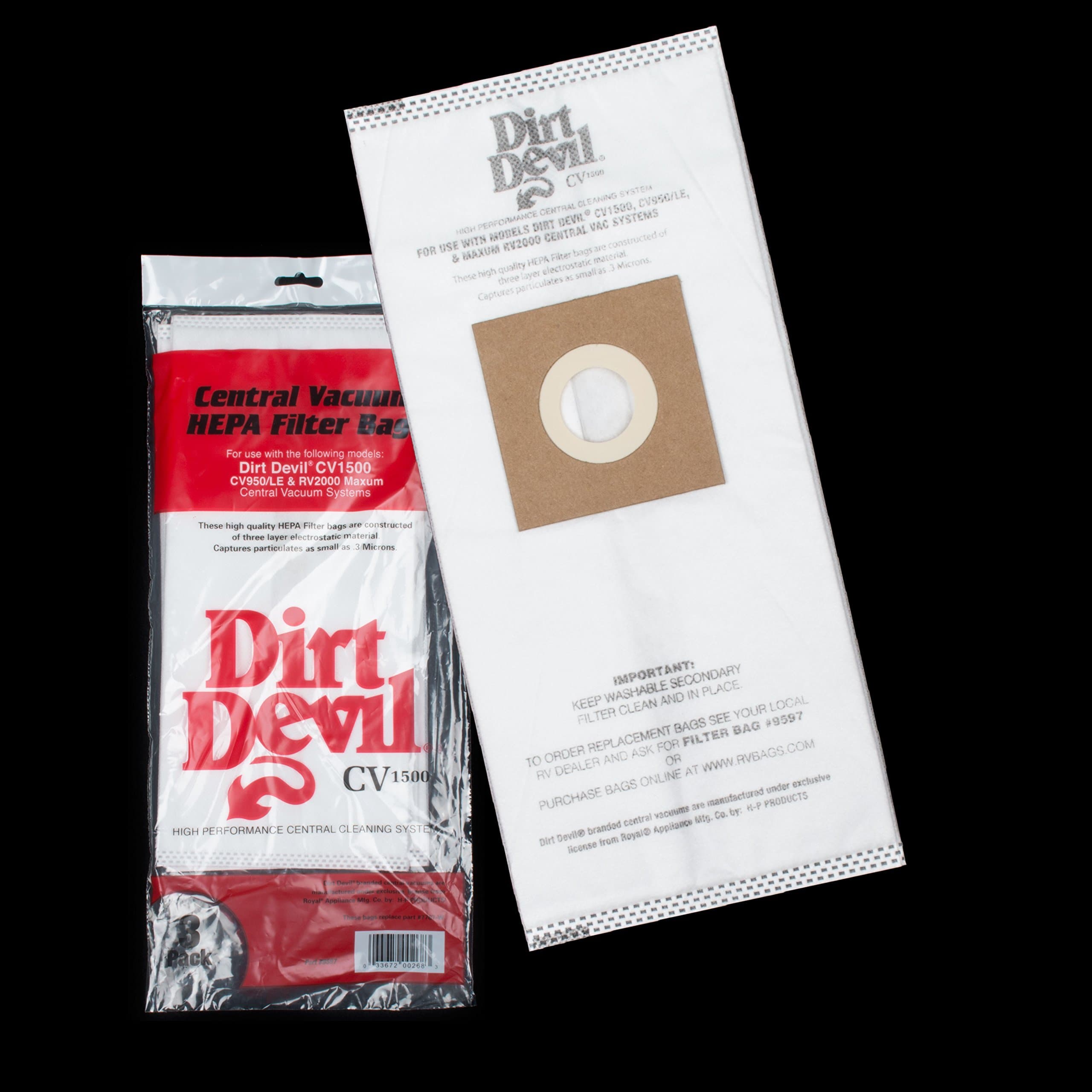 Dirt Devil Central Vacuum Cleaner HP, CV950,CV1500 Vacuum Bags 3 Pk Part # 7767-W, 9597