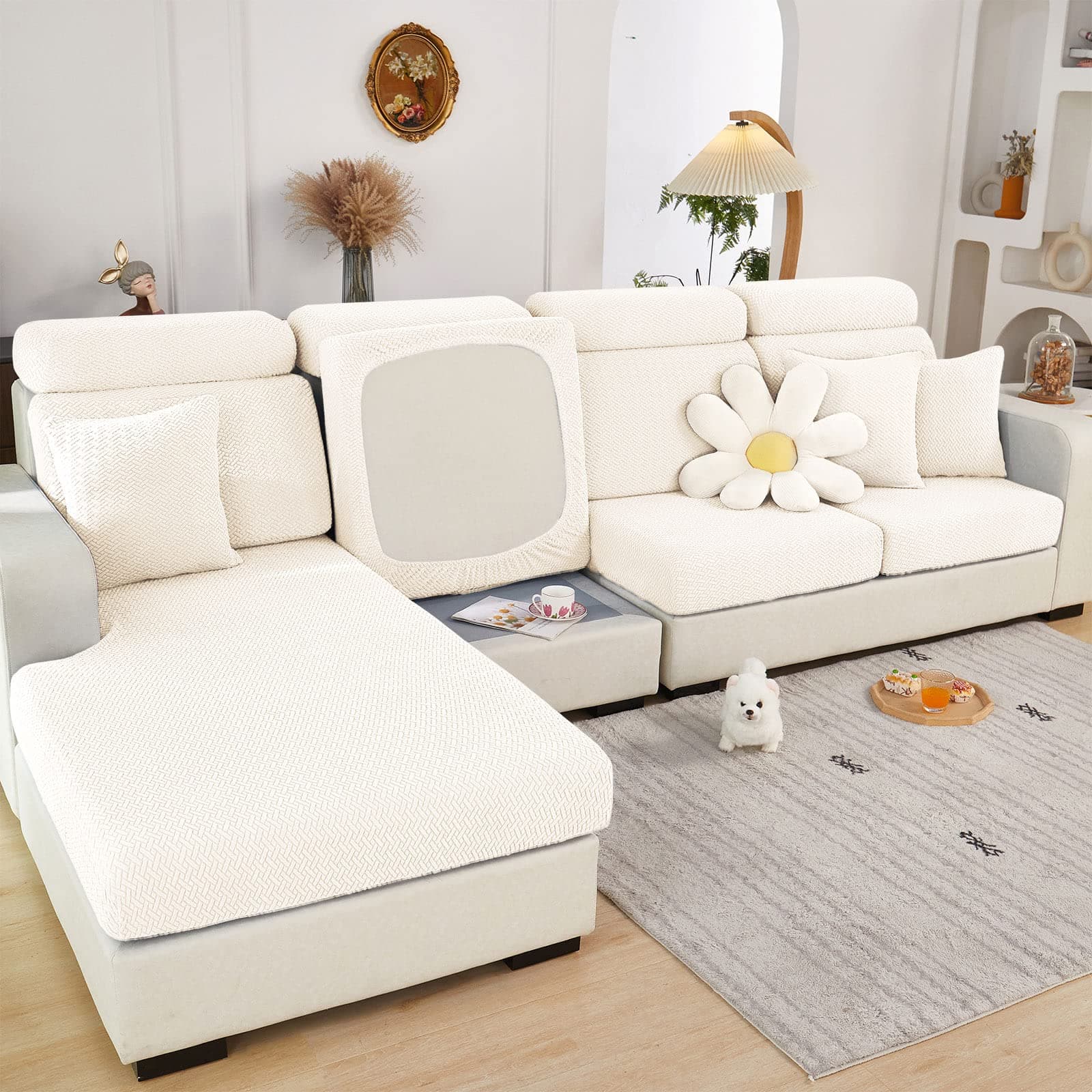 2025 New Wear-Resistant Universal Sofa Cover, Stretch Couch Cushion Slipcovers Replacement, Anti-Slip L Shape Sofa Covers, Chaise Lounge Sofa Slipcover (Weave White,M Back Cover)