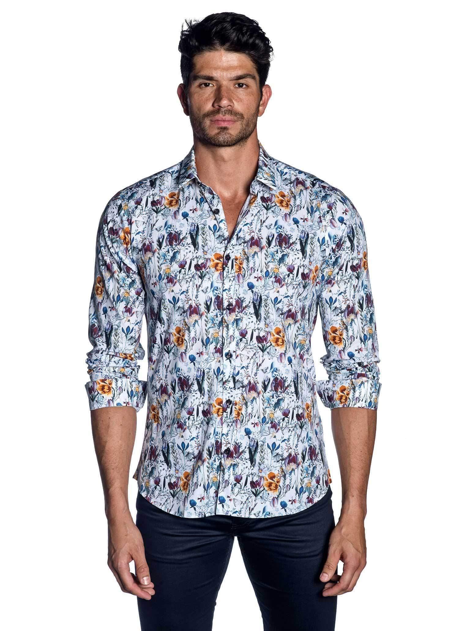 Jared Lang White, Purple and Yellow Floral Long Sleeves Shirt for Men AH-T-809