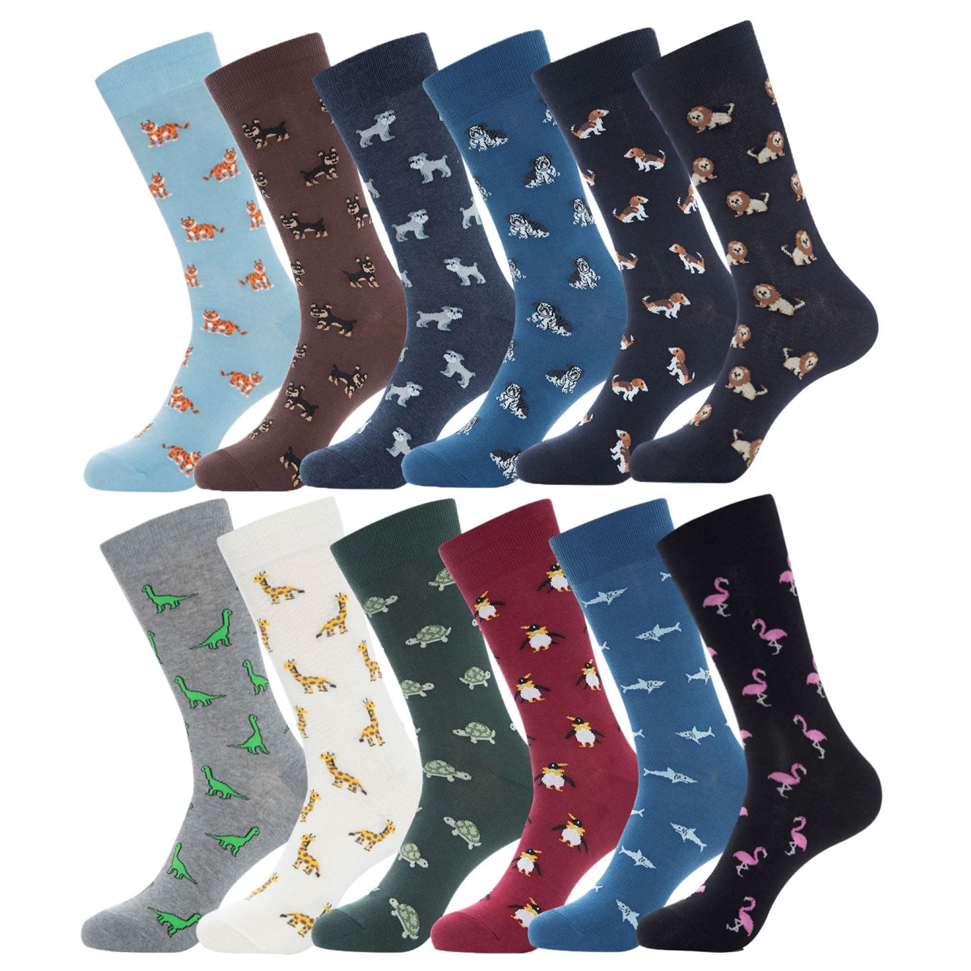 Men's Cotton Dress Crew Socks 12 Pairs, Fun Patterned & Striped Casual Socks, Animal & Sports Designs, Size 9-12