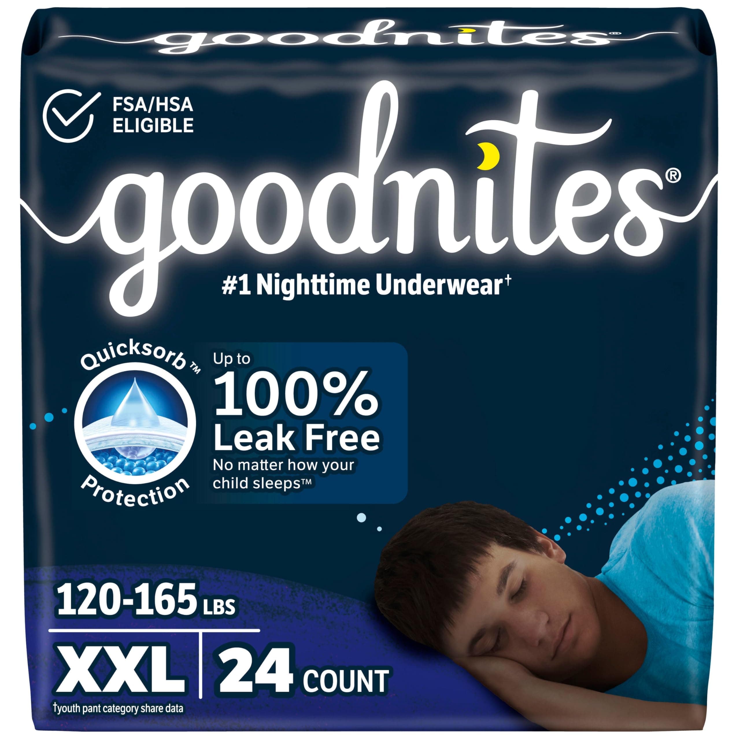 Goodnites Boys' Nighttime Underwear, Size XXL (120-165+ lbs), 24 Ct (2 Packs of 12), Packaging May Vary