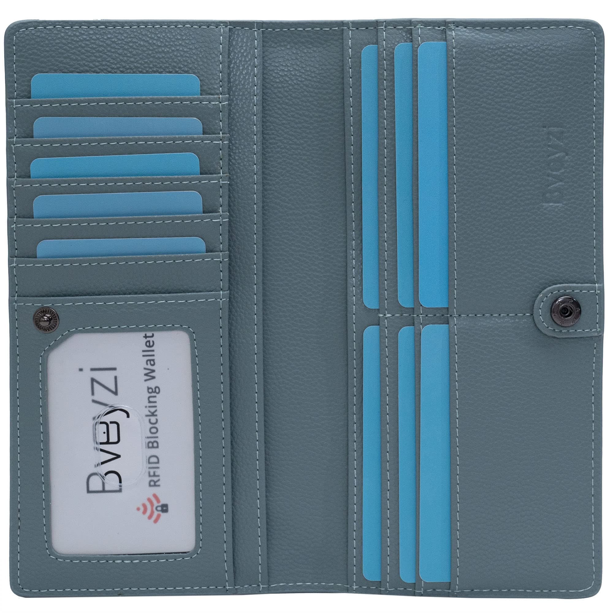 Bveyzi Ultra Slim Thin Leather RFID Blocking Credit Card Holder Bifold Clutch Wallets for Women (Blue Grey)