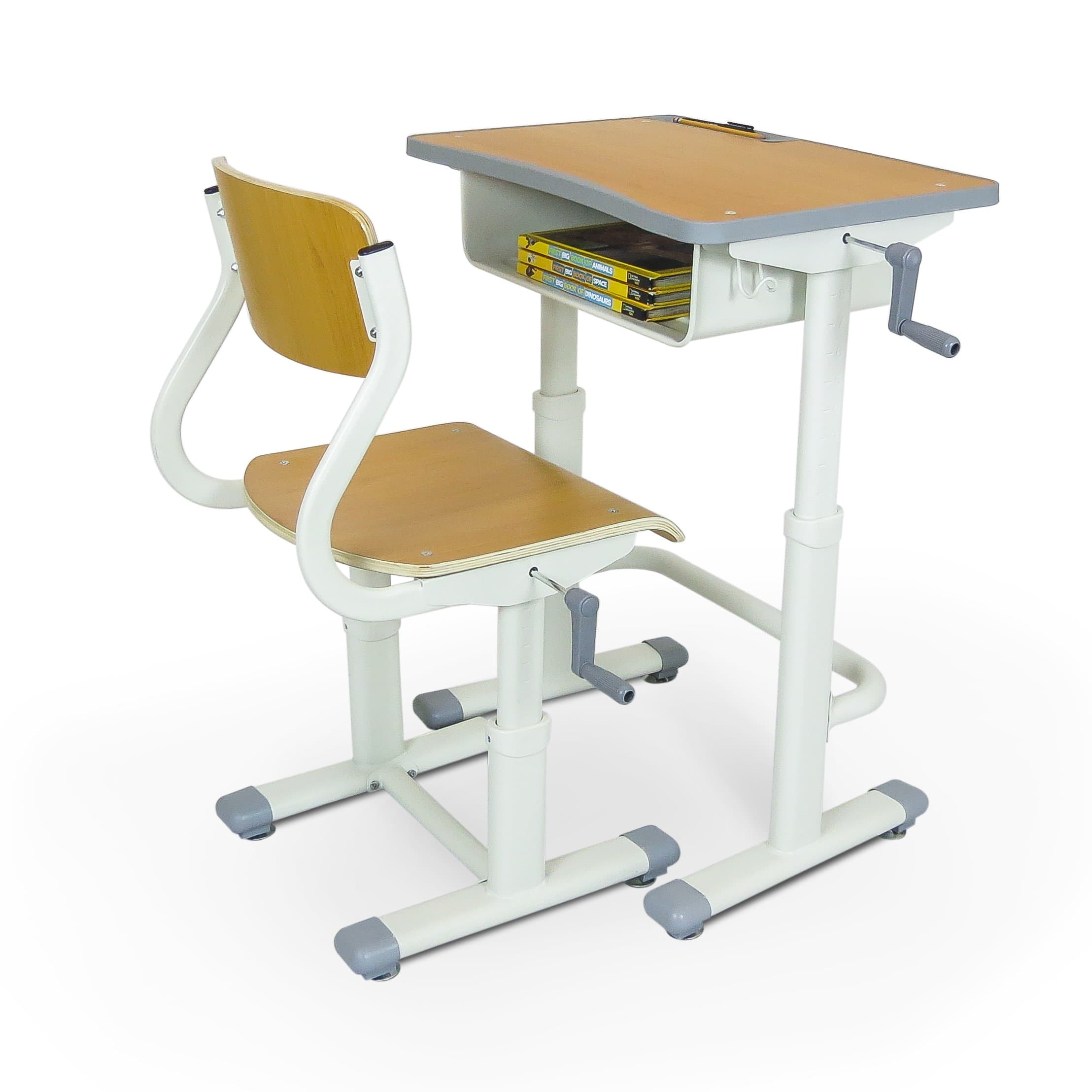 Adjustable Height Student School Desk 24 in. Wide x 16 in. Deep with Crank Handle - for Kids Ages 5 to 14 - Rises from Sit to Stand Up in Natural Plywood