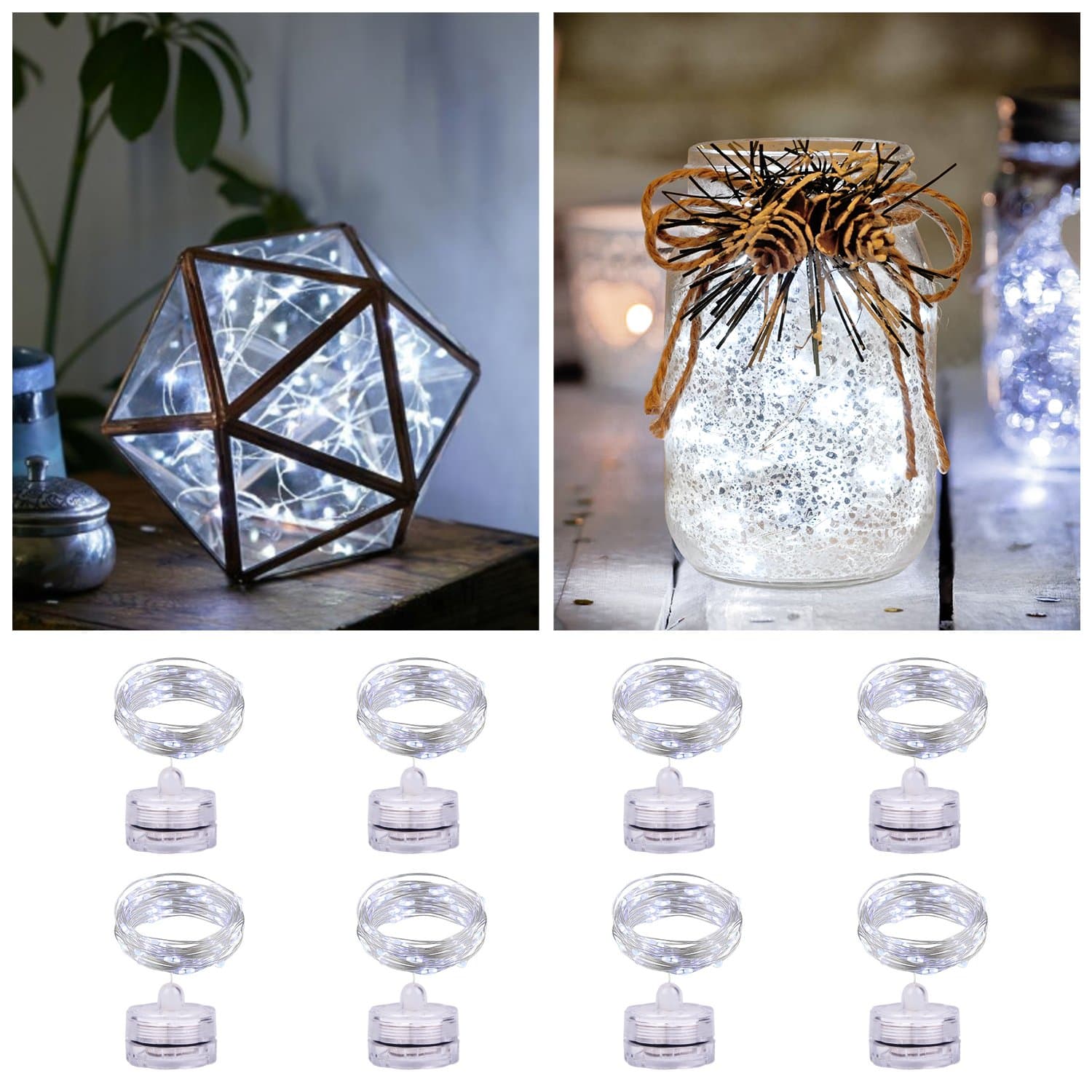 Relohas String Fairy Lights, 2m 20 LEDs Waterproof Micro Starry Light with Battery Operated, Moon Light for Bedroom Indoor Wedding Party Festival, Christmas DIY Decoration, Cool White, 8 Pack