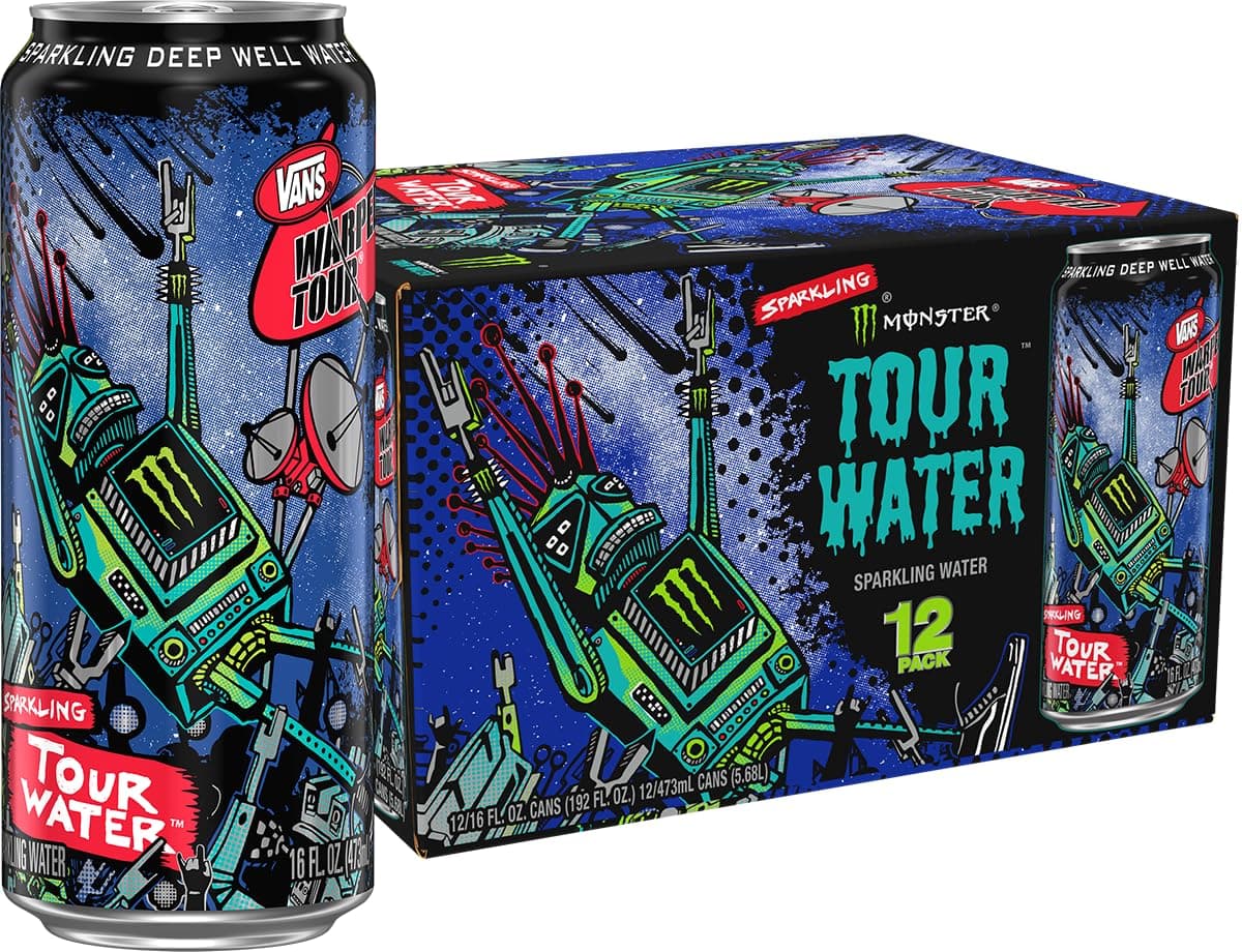 Monster Tour Water by Monster Energy, Sparkling Deep Well Water, 16oz (Pack of 12)