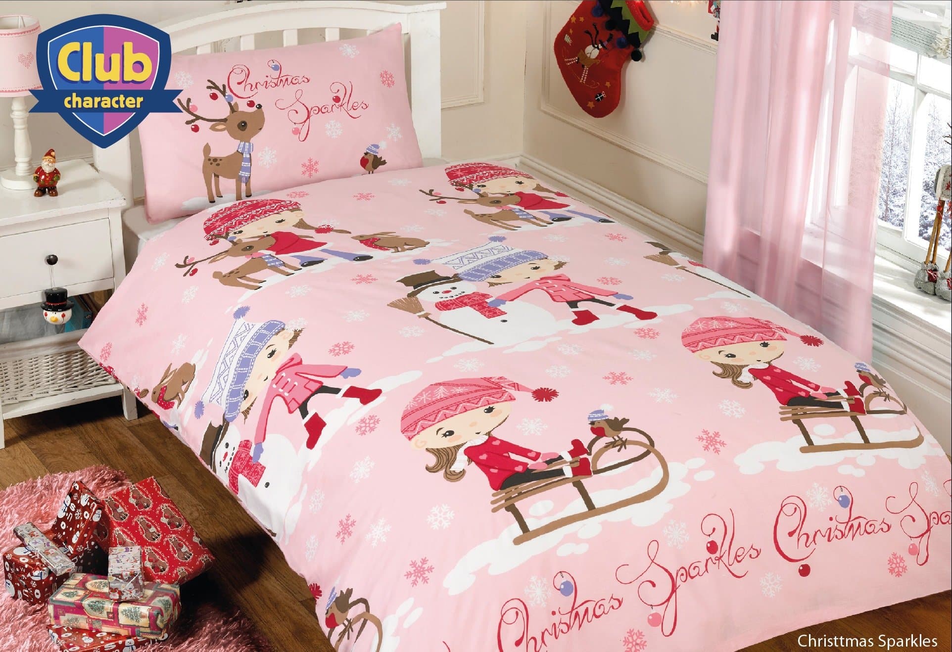Club Character Girls Pink Christmas Sparkles Single Duvet, Quilt Cover Bedding Bed Set