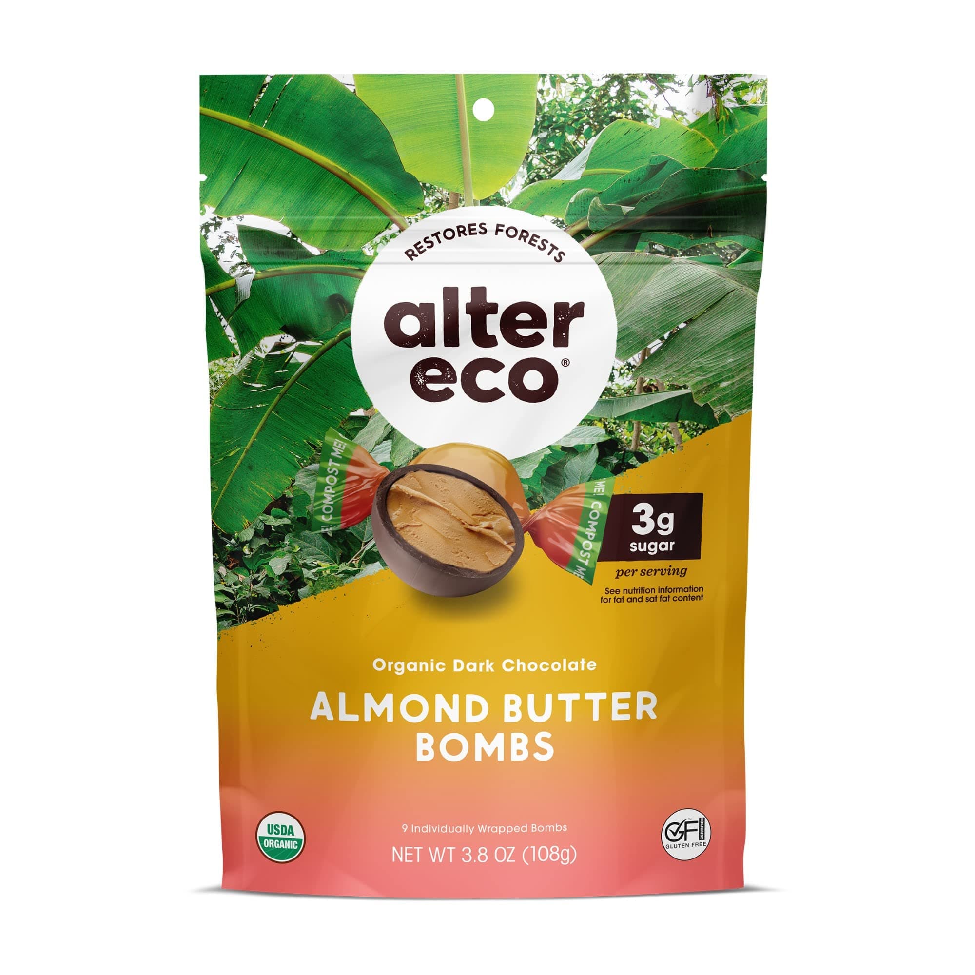 Alter Eco Almond Butter Bombs - Organic Dark Chocolate - Healthy Snacks for Adults - 9 Individually Wrapped Snacks - No Gluten, Preservatives, or GMOs - Keto - Low-Carb & Low-Sugar