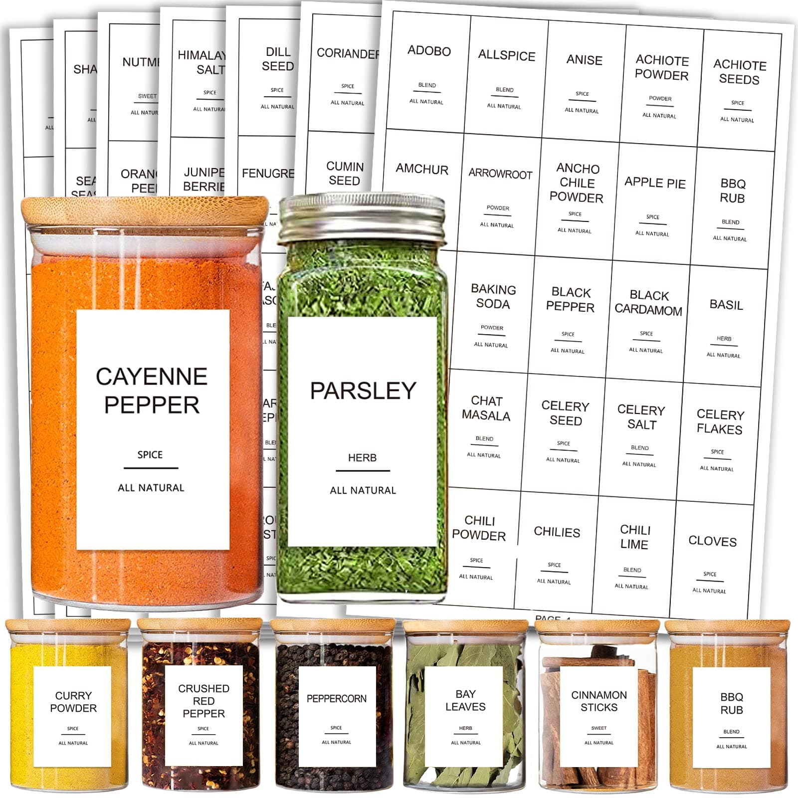 191 Spice Jar Labels Preprinted Minimalist Stickers - White Waterproof Label - Fit Round or Rectangle Spice Jars - Herb Seasoning Kitchen Pantry Labels