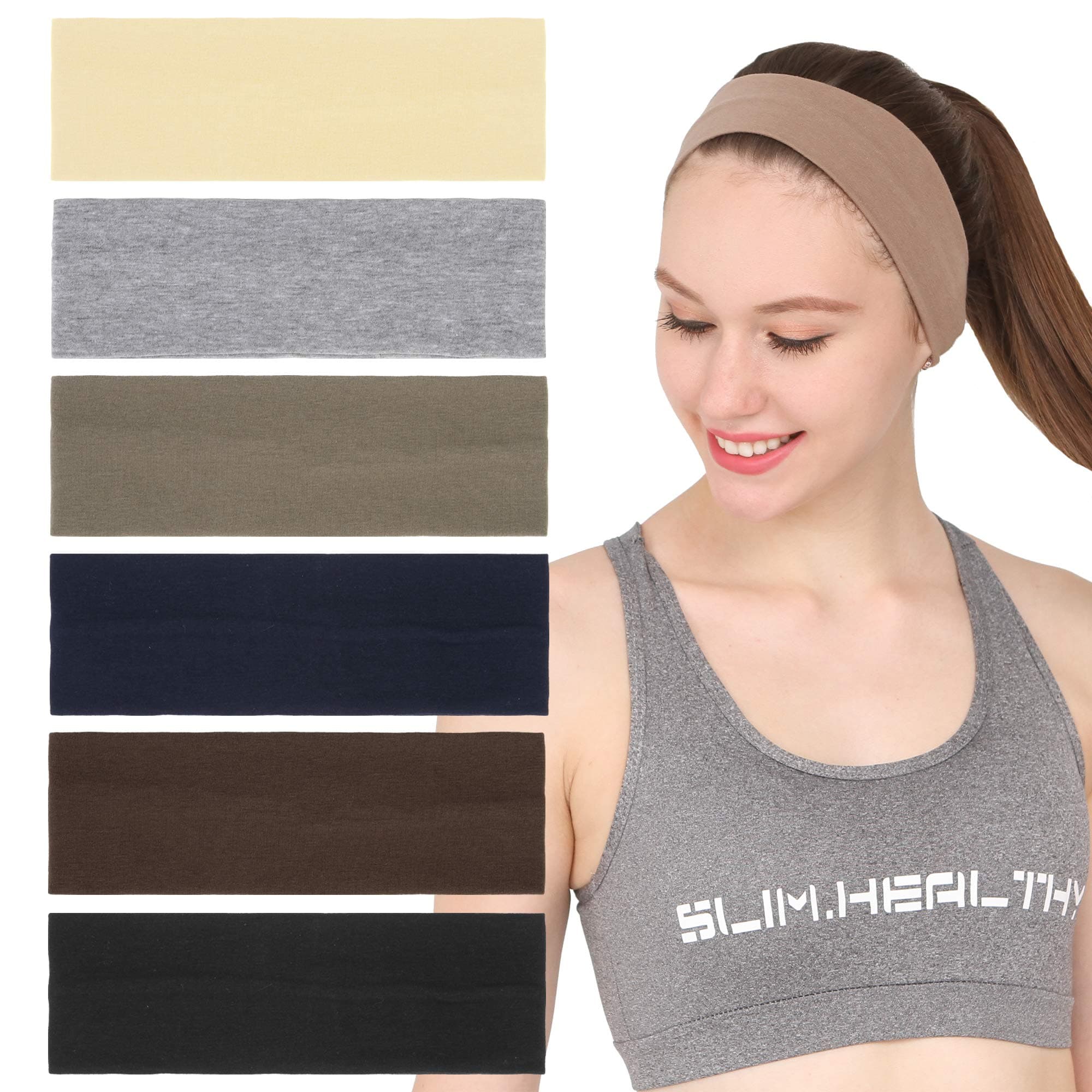 6Pcs Stretchy Elastic Solid Headbands, Cotton Sports Hairband for Women Girls, Suitable for Yoga, Pilates, Running, Cycling
