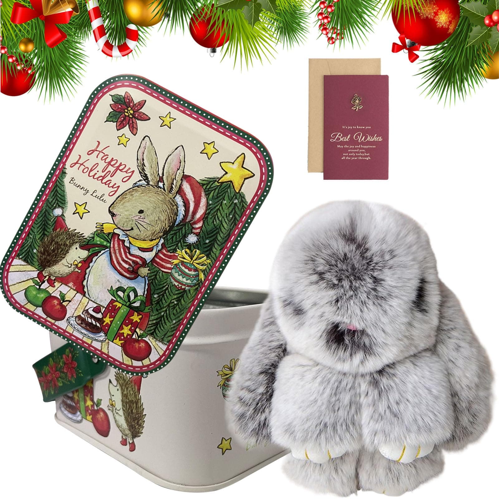 BunnyLulu Official, Christmas Bunny Lulu Keychain, Holiday BunnyLulu Keychain Handmade Soft Bunny with Tin Box