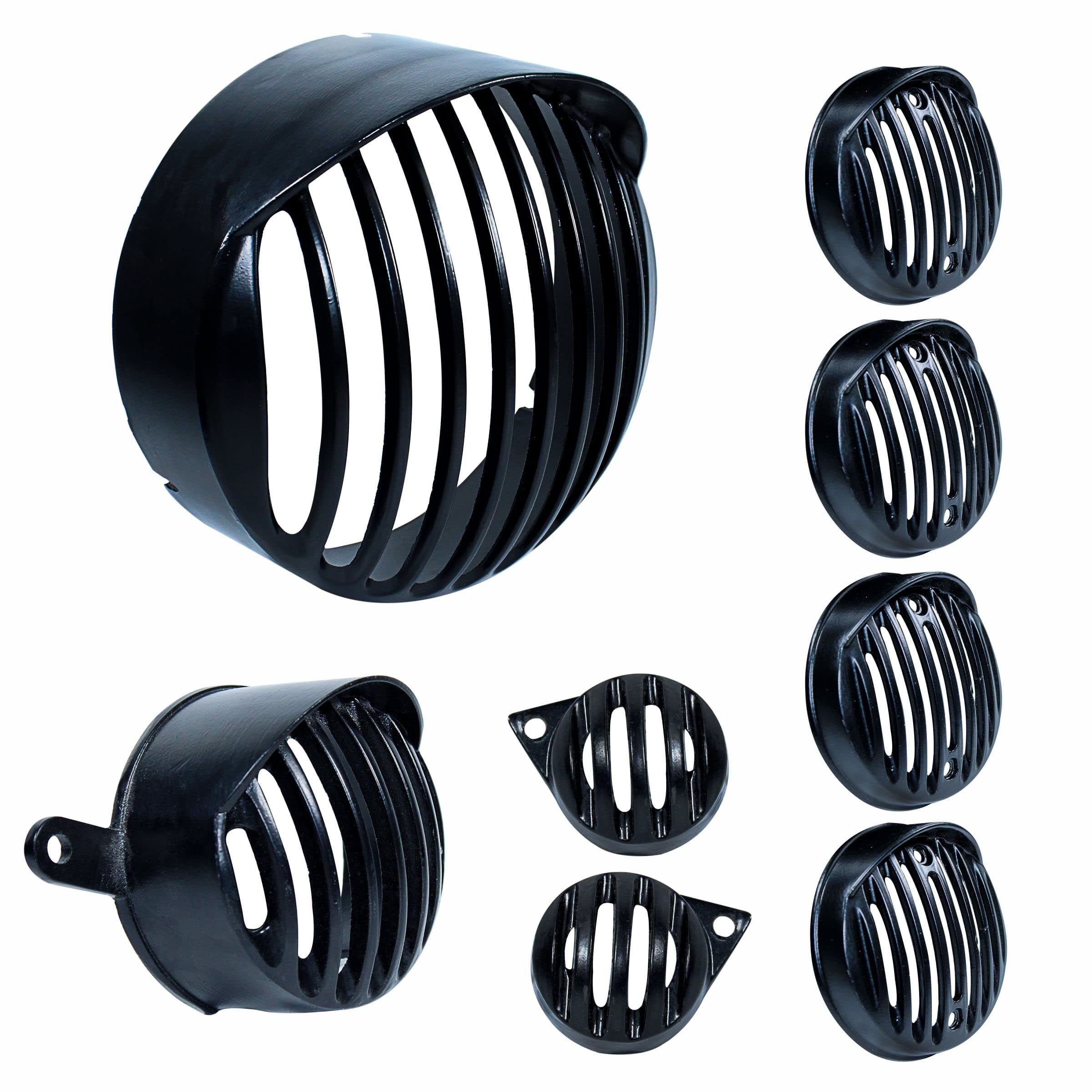 Complete Metal Bullet Headlight, Taillight, Indicators Grills Set for Royal Enfield Bullet Classic 350 & 500 CC (Set of 8, Black with Cap)