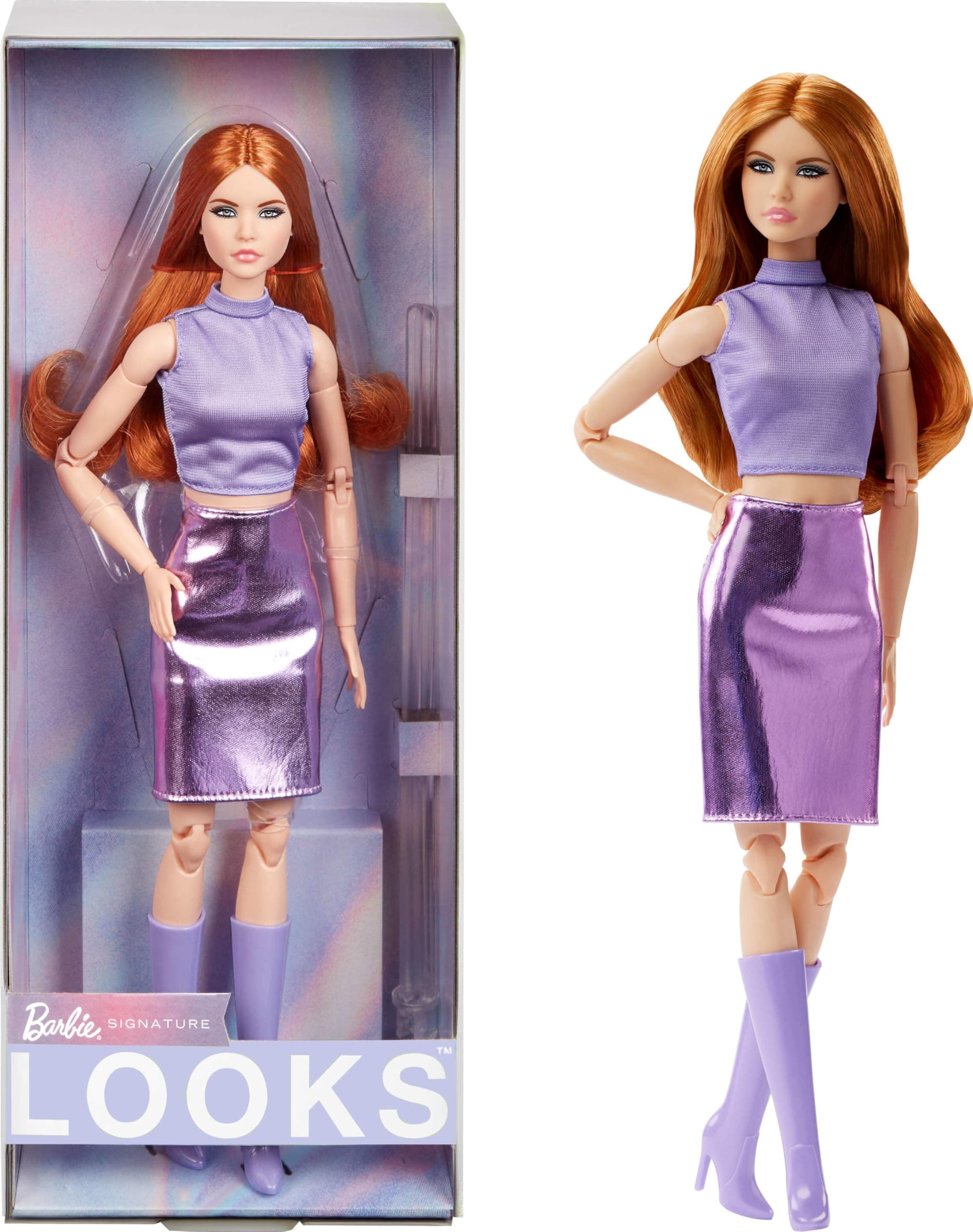 Looks Doll, Collectible No. 20 with Red Hair & Modern Y2K Fashion, Lavender Top & Faux-Leather Skirt with Knee-High Boots