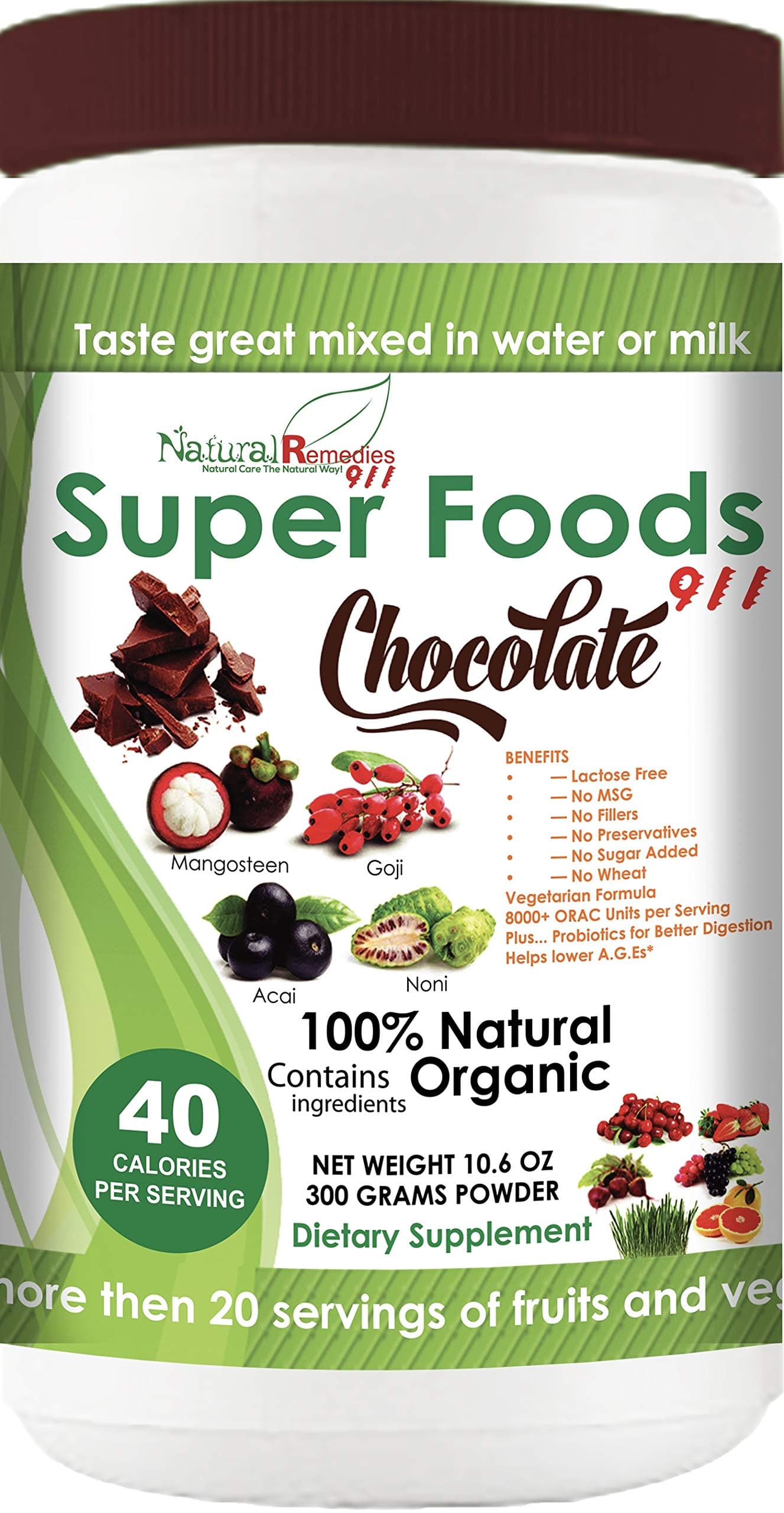 NR911 Super Foods 911 Chocolate - Noni, Mangosteen, Goji, Acai, and Much More Blended with numerous Organic Fruits and Vegetables That Doctors and Experts Recommend Daily for Optimum Health!