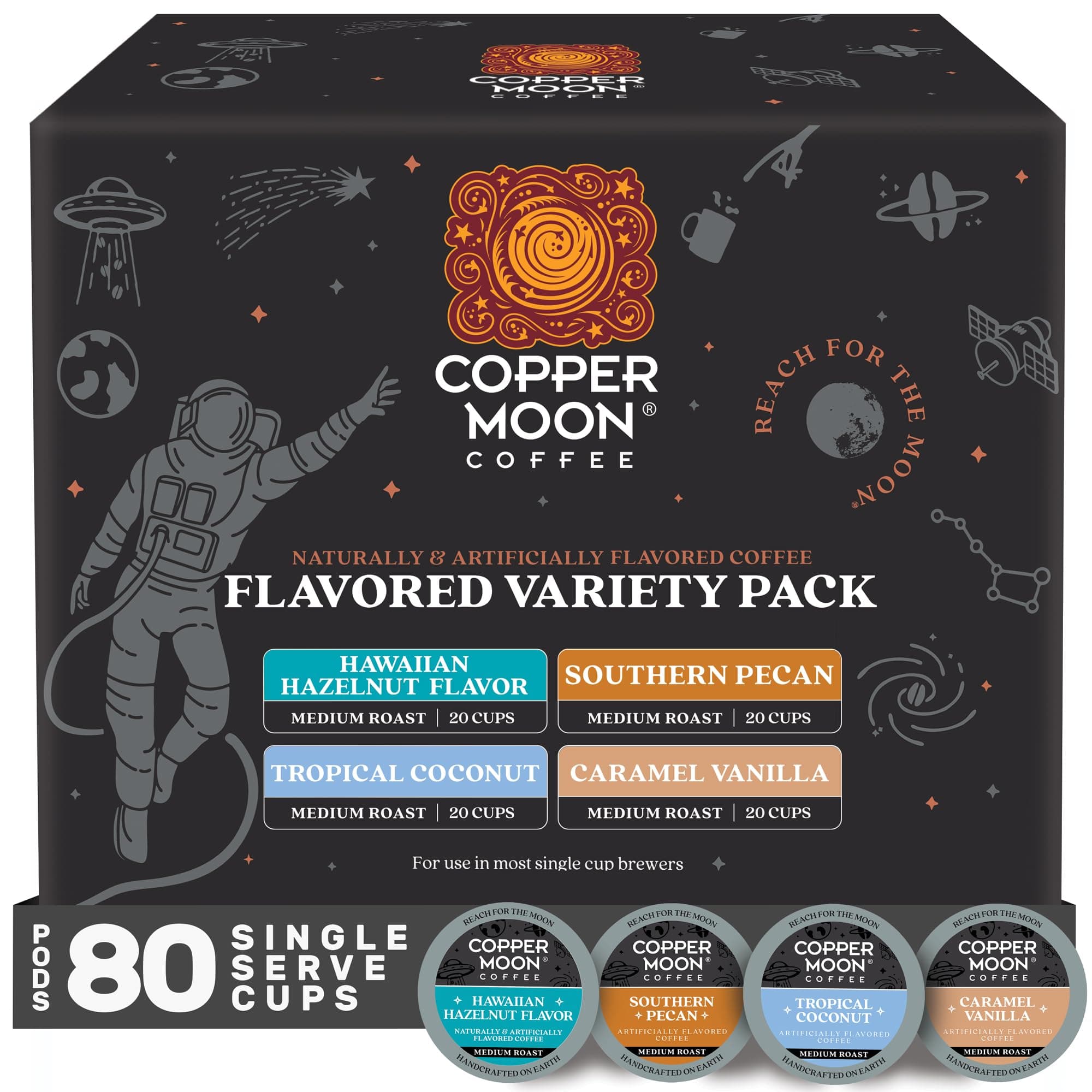 Copper Moon Single Serve Coffee Pods For Keurig K-Cup Brewers, Light/Medium Roast, Flavored Variety Pack, 80 Count
