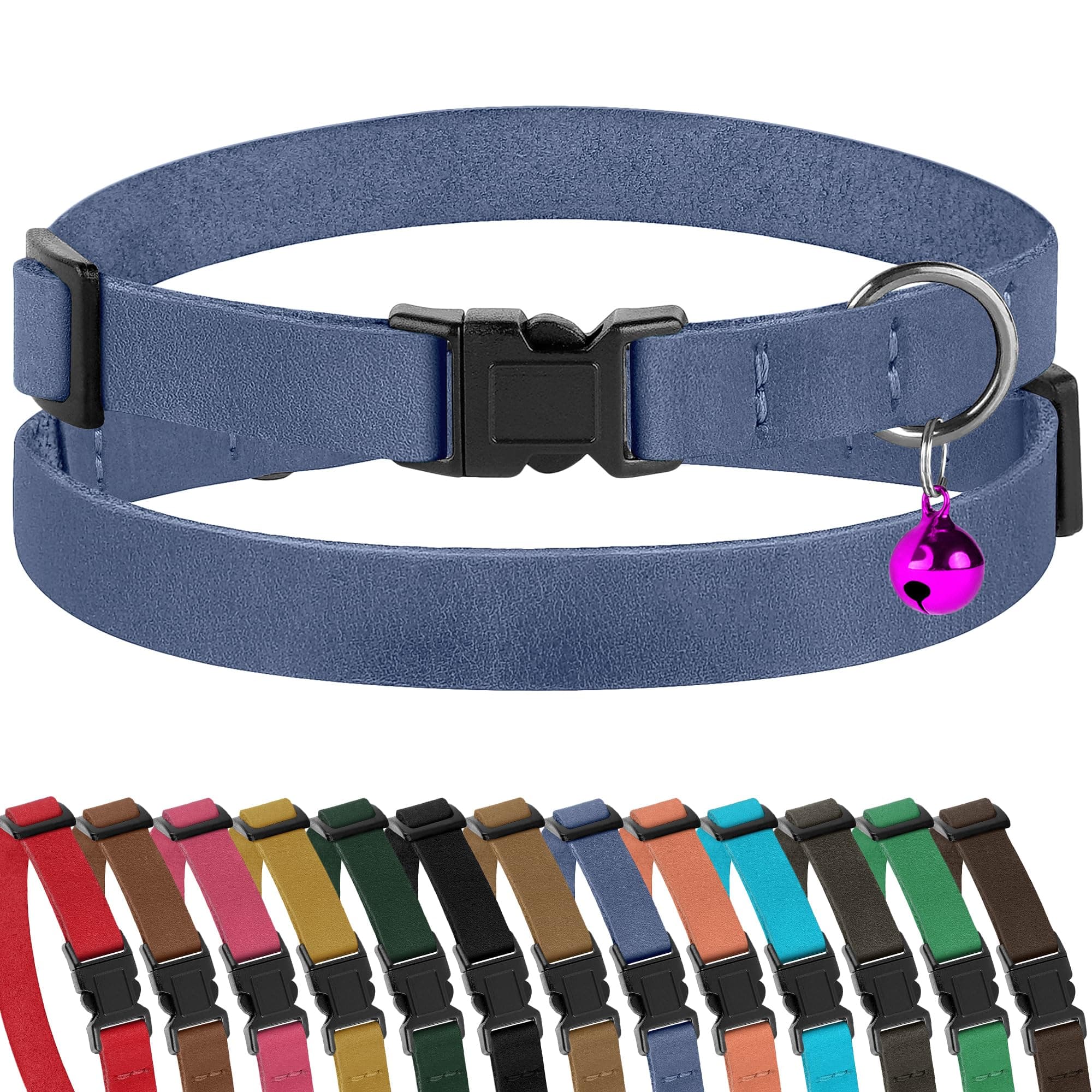 Muromto Breakaway Cat Collar Leather Soft Adjustable Pet Kitten Collars with Bell Pink Brown Blue Green Red (Blue)