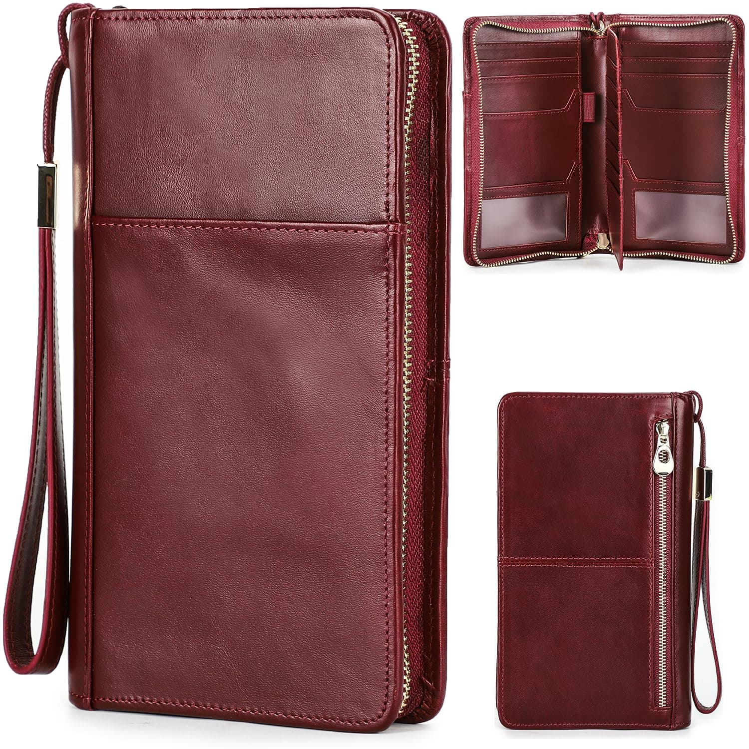 Top Grain Leather Travel Passport Wallet Holder for Man & Woman, Handmade with Three-Layer for 4 Passports & Multi Cards, RFID Blocking Large Capacity for Cards/Passports/Tickets, Burgundy