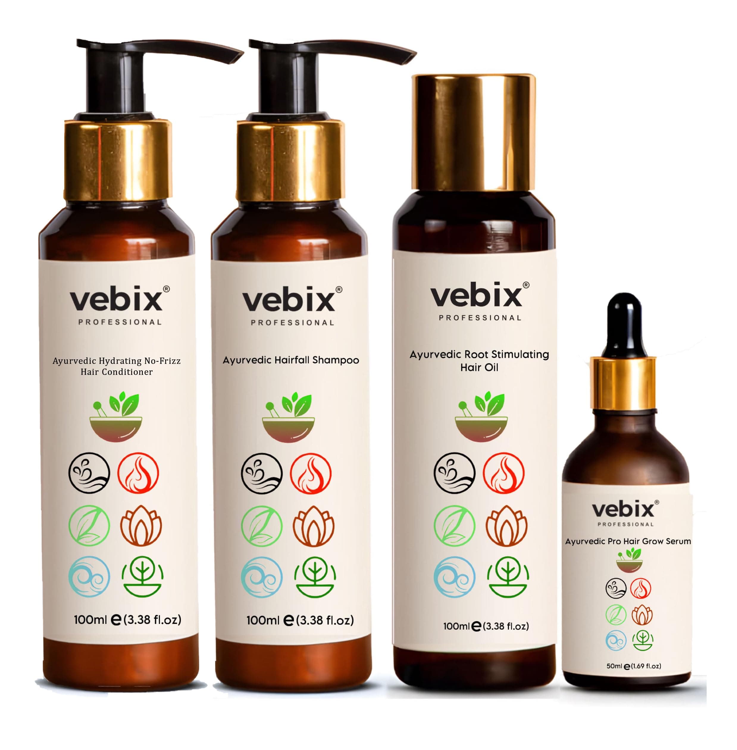 VebixProfessional Customized HairFall Control Regimen Ayurvedic 4 Product Kit | Anti Hairfall Shampoo - Hair Oil, Keratin Conditioner & Hair Growth Serum | 350ml (All Hair Types)
