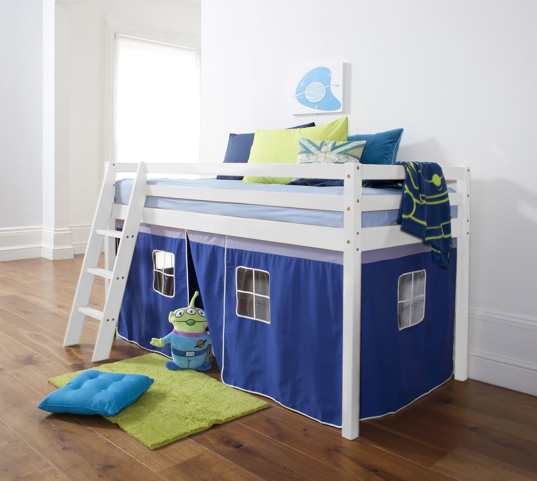 Noa and Nani Cabin Bed Mid Sleeper Pine Bunk with Tent Blue 5758WG-BLUE
