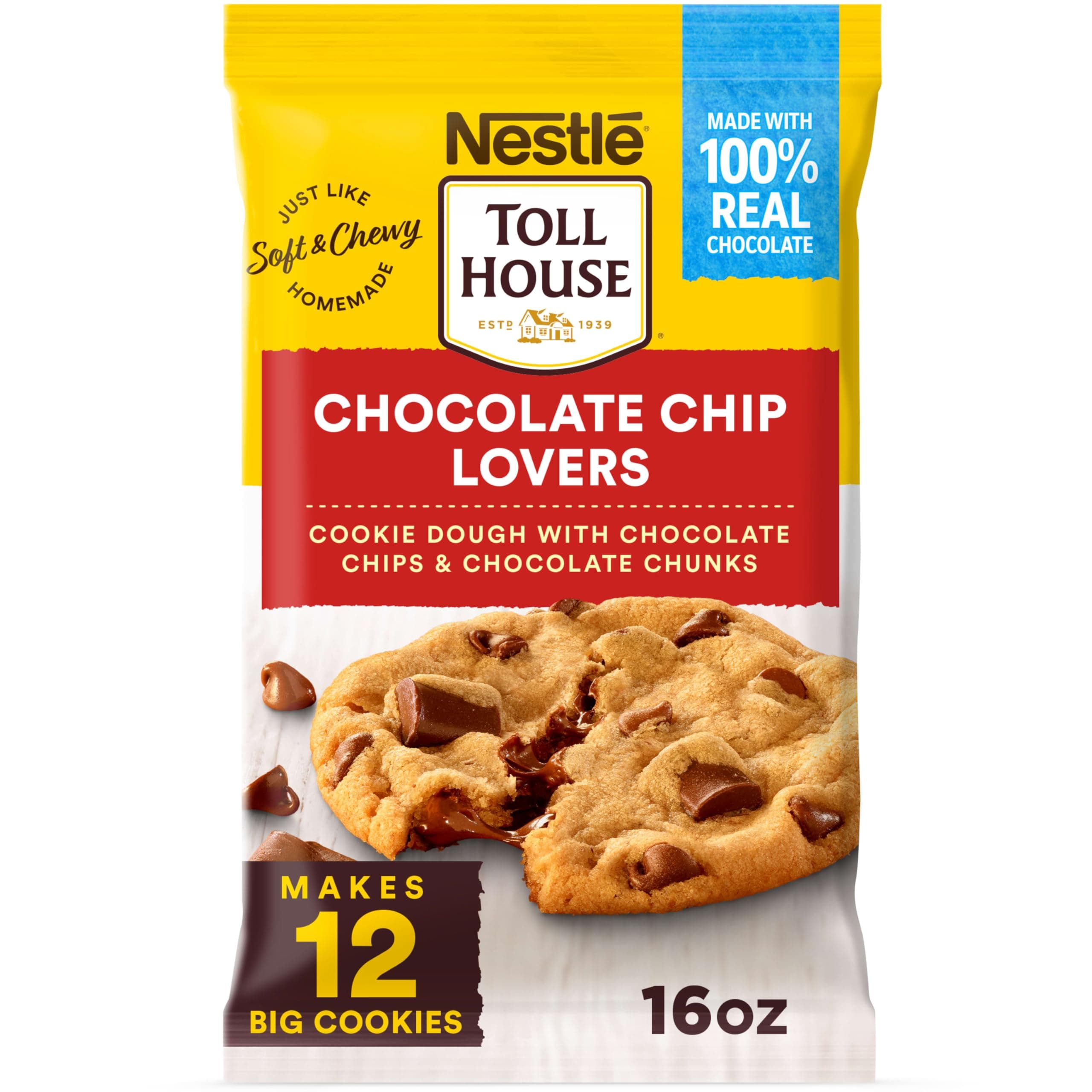 Nestle Toll House Chocolate Chip and Chocolate Chunk Cookie Dough with 100% Real Chocolate Chips – 12 Big Ready to Bake Chocolate Chip Cookies 16 oz