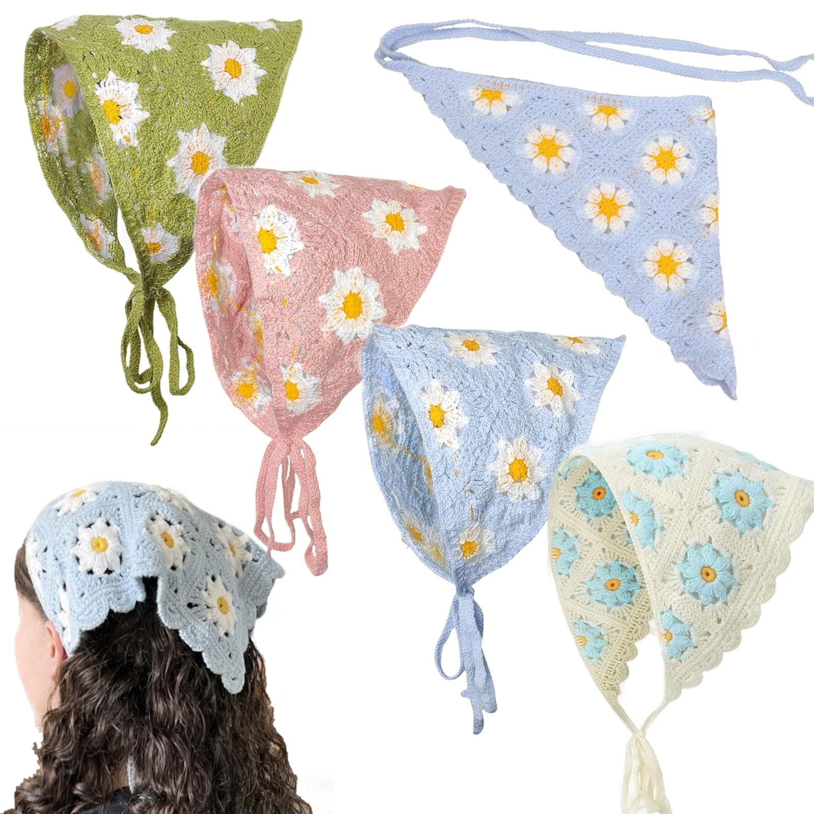 Crochet Bandanas Headbands Cute Flowers Hairbands Pink Knitted Headscarf Green Daisy Head Scarf Foral Headwrap