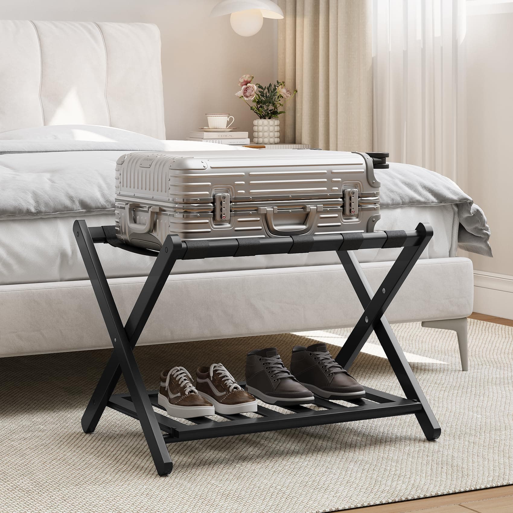 Fully Assembled Black Luggage Rack, Suitcase Stand with Shoe Shelf, Folding Wooden Luggage Stand for Guest Room, Bedroom, Hotel