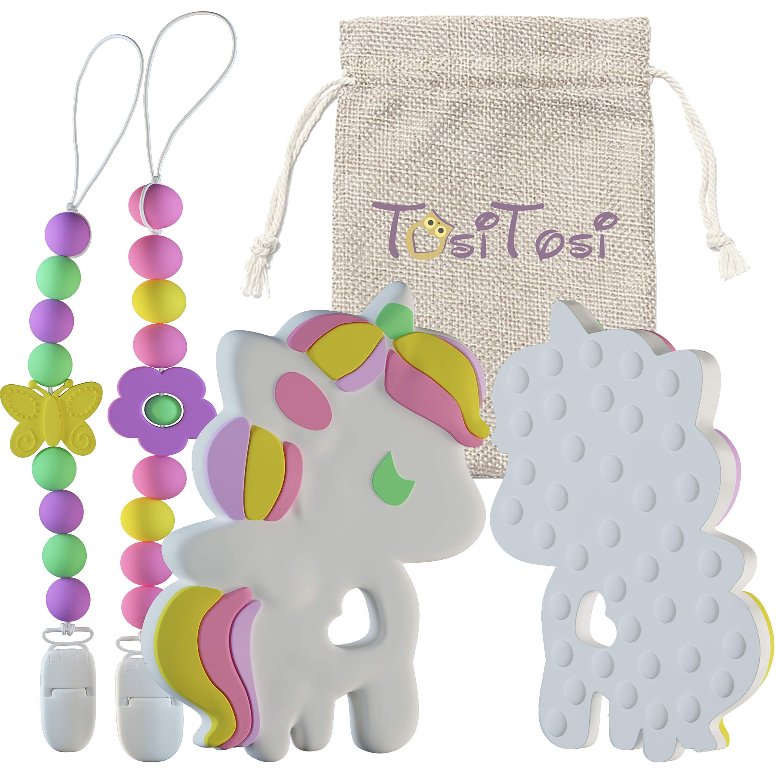 Baby Infant Unicorn Teething Chew Toy and 2 Pacifier Clips Set By TosiTosi - BPAFree Food Grade Silicone Teether - Durable Holder Clips With Colorful Beads Ideal For Girls - Storage Bag Included
