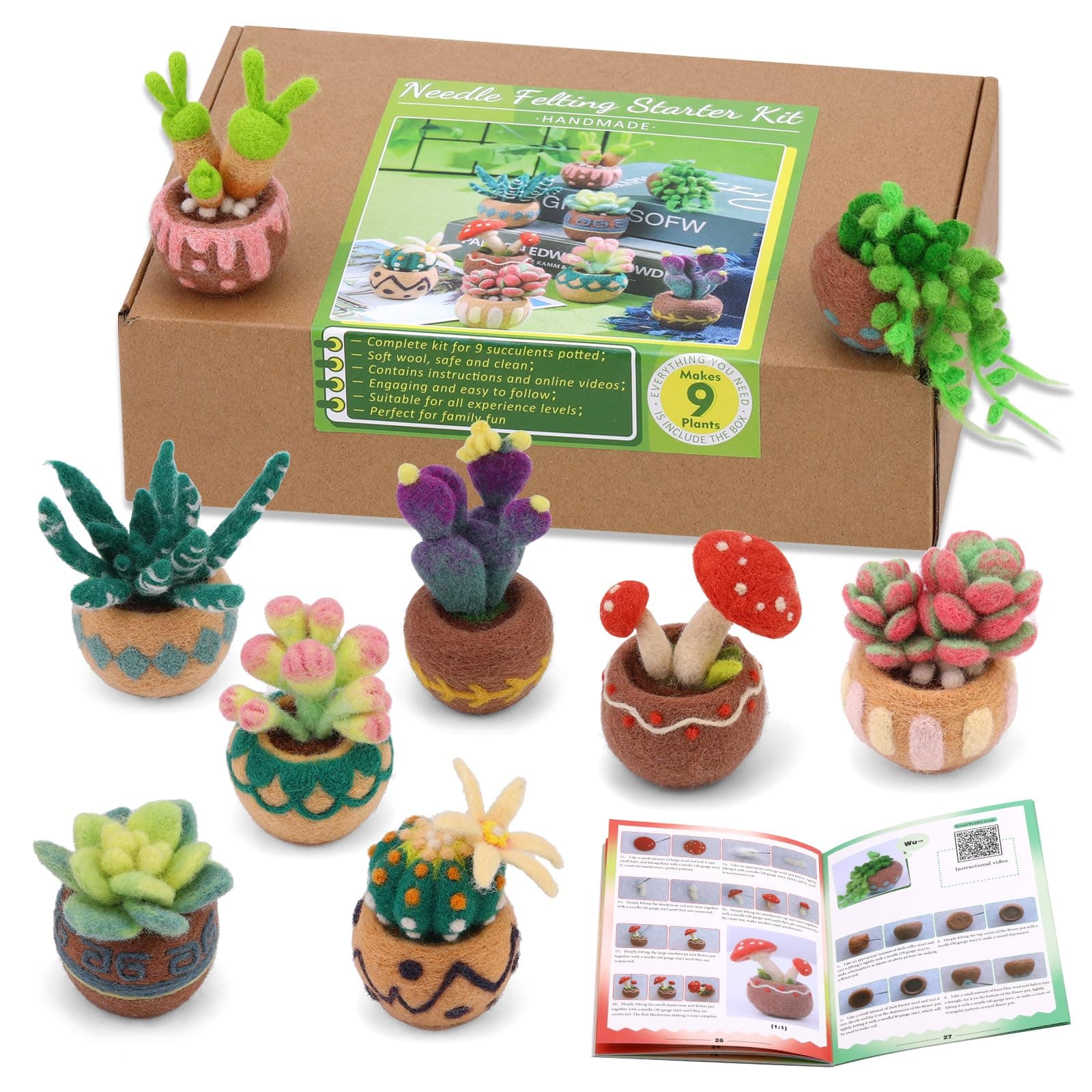 YizzvbNeedle Felting Kit, 9 Pcs Succulent Needle Felt Beginner Kits, Wool Felting Kit Including Wool Roving, Felting Pad, Felting Needles and Instructions for DIY Craft Home Decoration