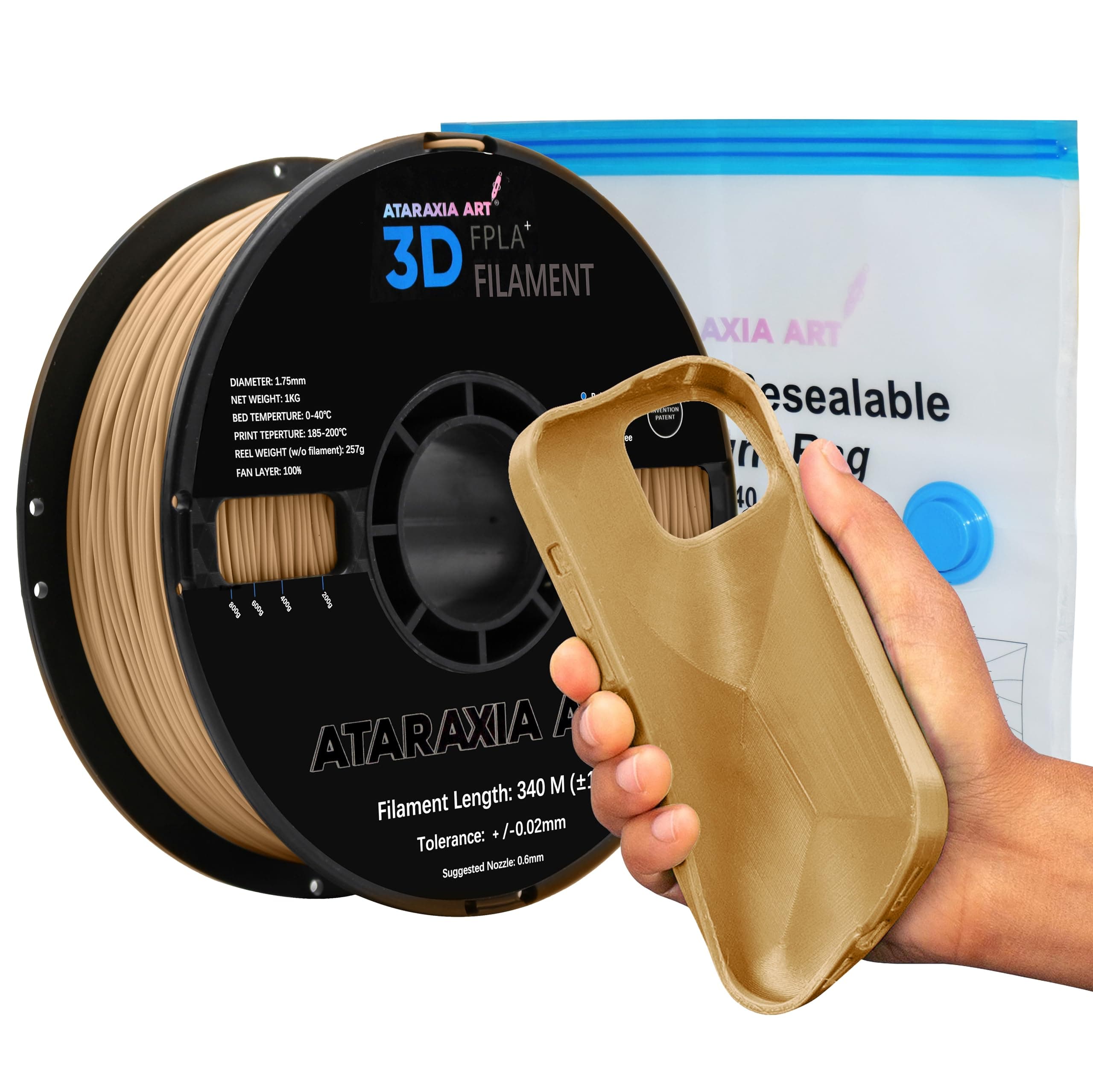 ATARAXIA ART Flexible PLA 3D Printer Filament 1.75mm, Strong 1Kg/2.2lb Spool 5X Longer Stretch, Easy Than TPU Extruder,89A Shore Hardness, Patent Formula, with Filament Storage Bags, FPLA Light Brown