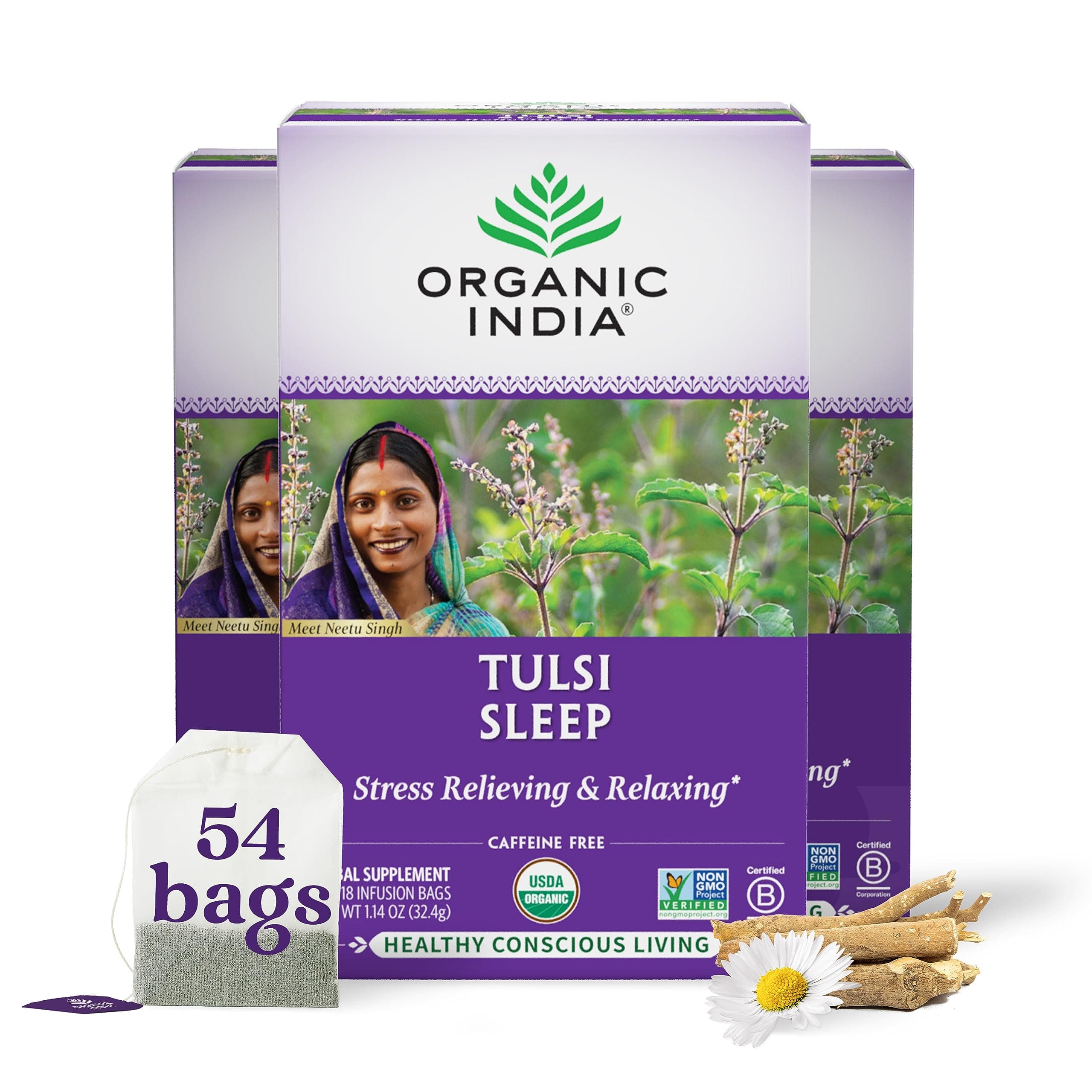 ORGANIC INDIA Tulsi Sleep Herbal Tea - Holy Basil, Ashwagandha, Chamomile, Night Time Tea for Bedtime, Stress Relieving & Relaxing, Immune Support, USDA Certified Organic - 18 Infusion Bags, 3 Pack