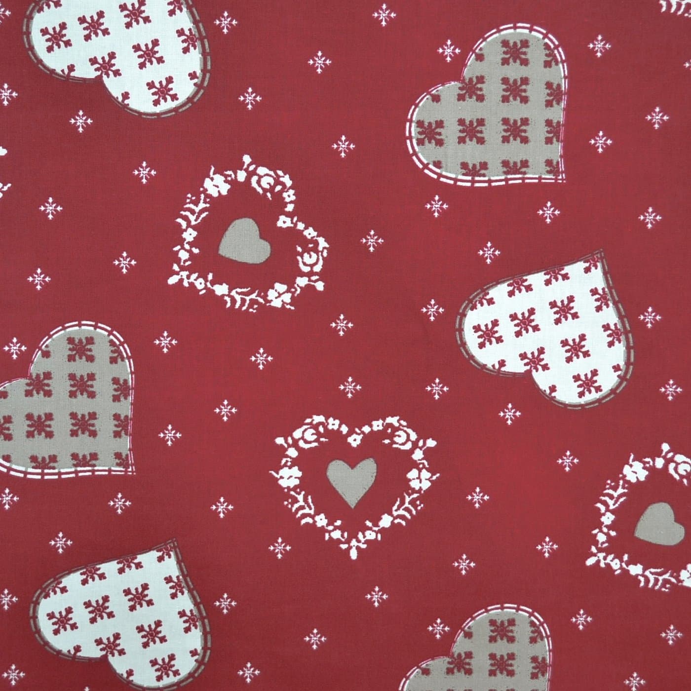 Textiles français New - Authentic French Christmas Fabric (Alpine) | Hearts & Snowflakes Cotton Print - Extra Wide Curtain Fabric 160cms (63") Wide. Per Half Metre