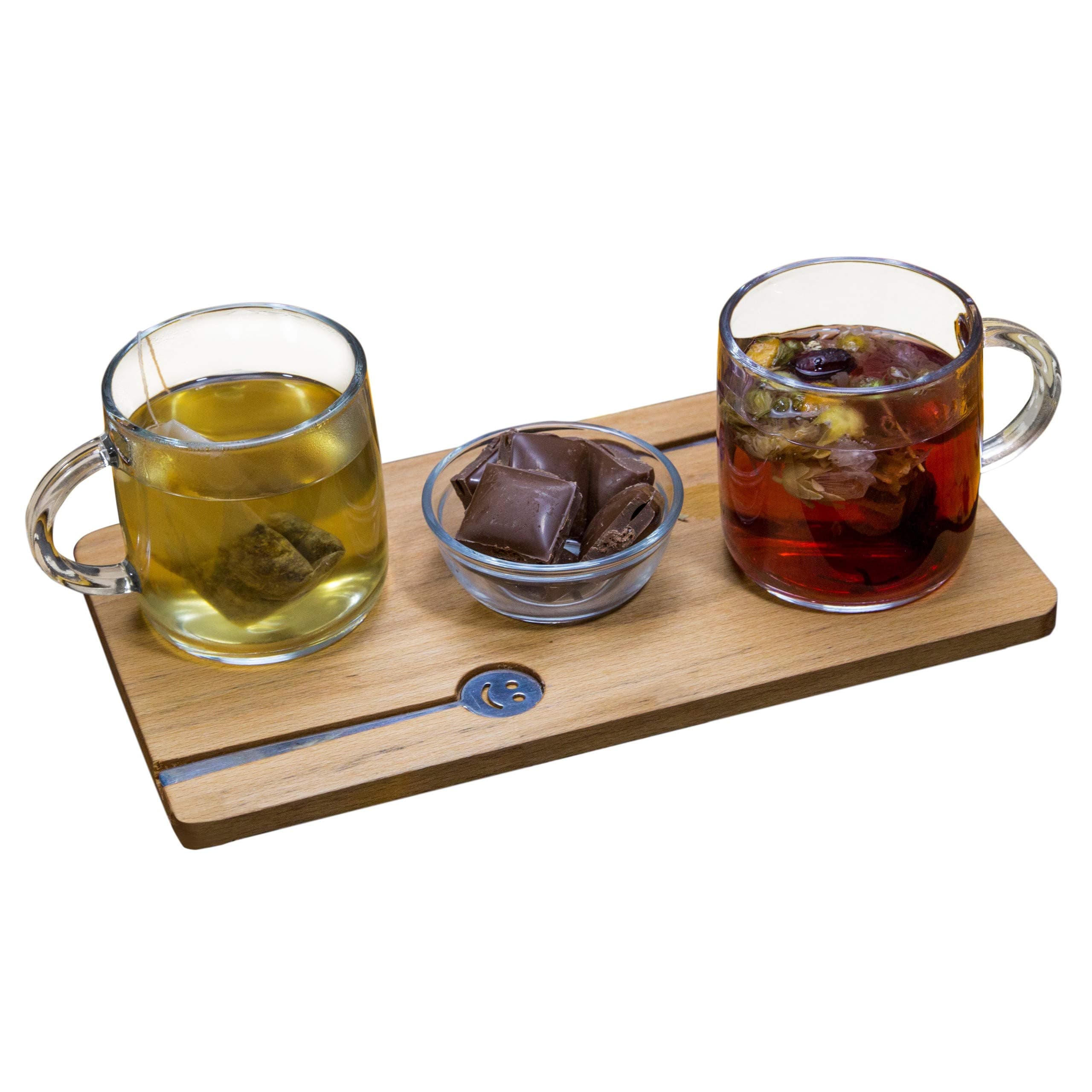 The Mammoth Design Decorative English, Herbal Tea Coffee Cups with Wooden Serving Tray, 2 Stirring Smiley Emoji Spoons, Mini Cookie Bowl, Stylish Kitchen, Breakfast, Date, Tea Party Serve Platter