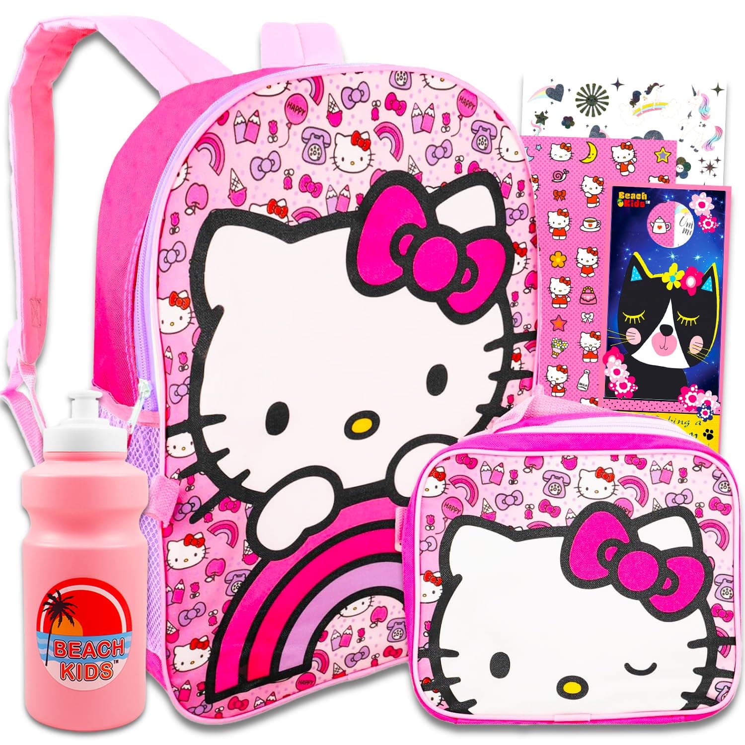 Hello Kitty Backpack with Lunch Bag 5 Pc Set of 16" School Bag, Tattoos, More