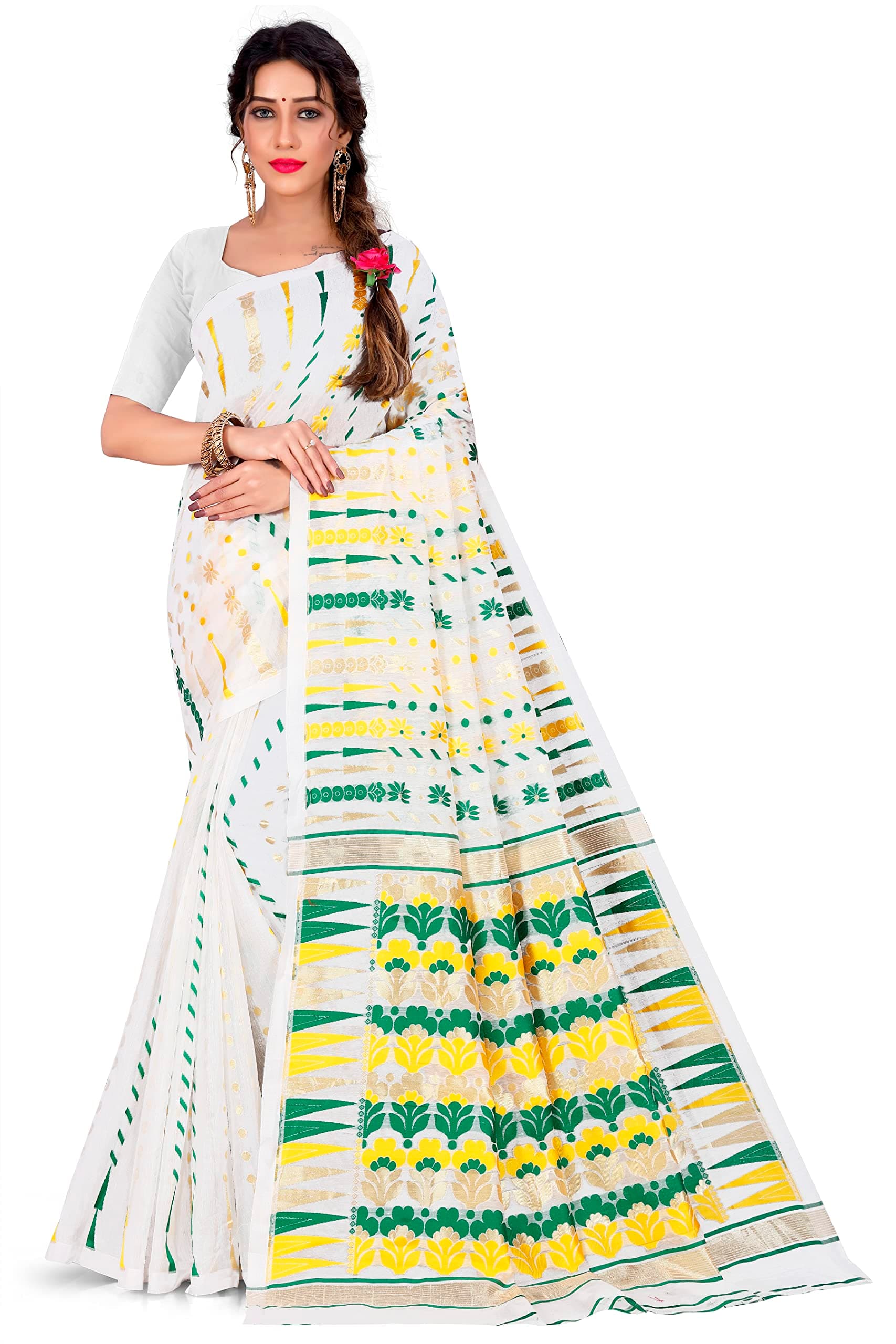 Women’s Dhakai Jamdani Flower Drop (Phul Jhara) Cotton Blend Traditional Saree with Beautiful Colour Range | Handloom Saree | Weaving in Thread | Saree Length: 5.5 M | Without Blouse Peace | Famous in Kolkata (West-Bengal) (PC_30_PHUL JHARA)